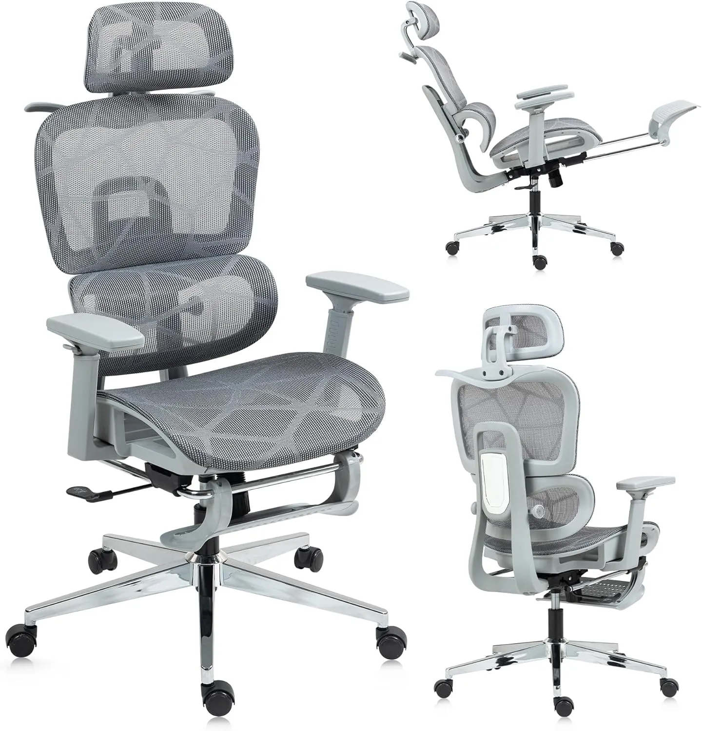 Mesh Ergonomic Home Office Chair with Footrest,Big and Tall,High Back Gaming Chair,Comfortable Lumbar Support, Ajustable 3D Armrest & 2D Headrest(Grey)