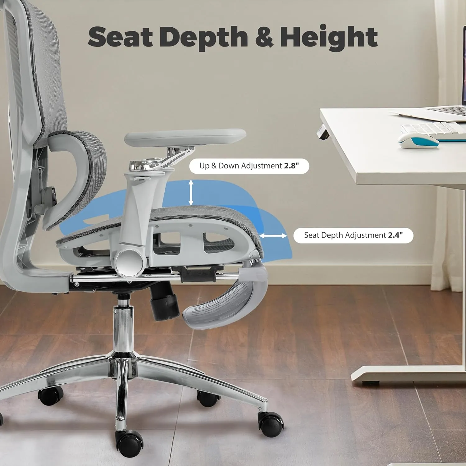 Mesh Ergonomic Office Chair with 6D Armrests,High Back Mesh Gaming Chair with Lumbar Support,Adjustable Seat Depth,3D Headrest,Footrest for Big & Tall(Silver)