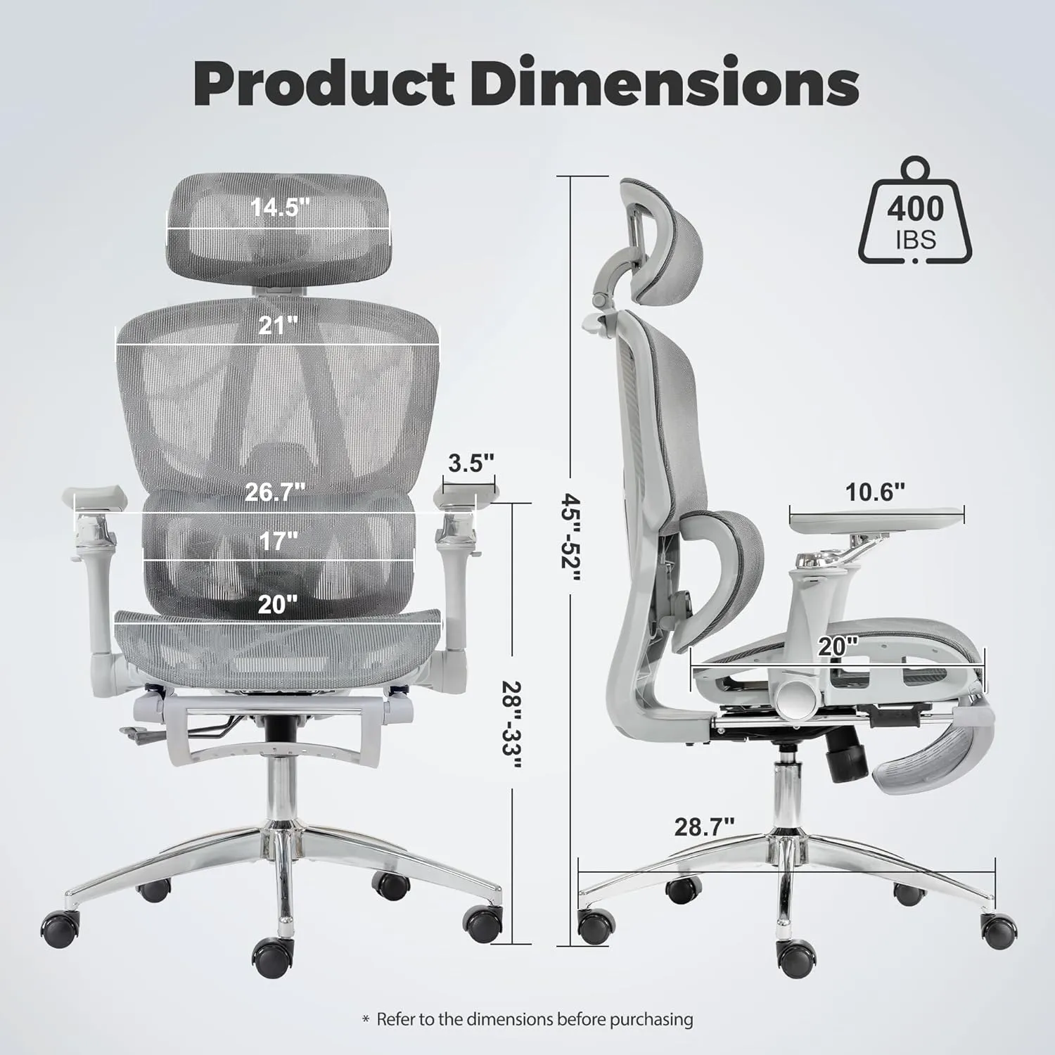 Mesh Ergonomic Office Chair with 6D Armrests,High Back Mesh Gaming Chair with Lumbar Support,Adjustable Seat Depth,3D Headrest,Footrest for Big & Tall(Silver)
