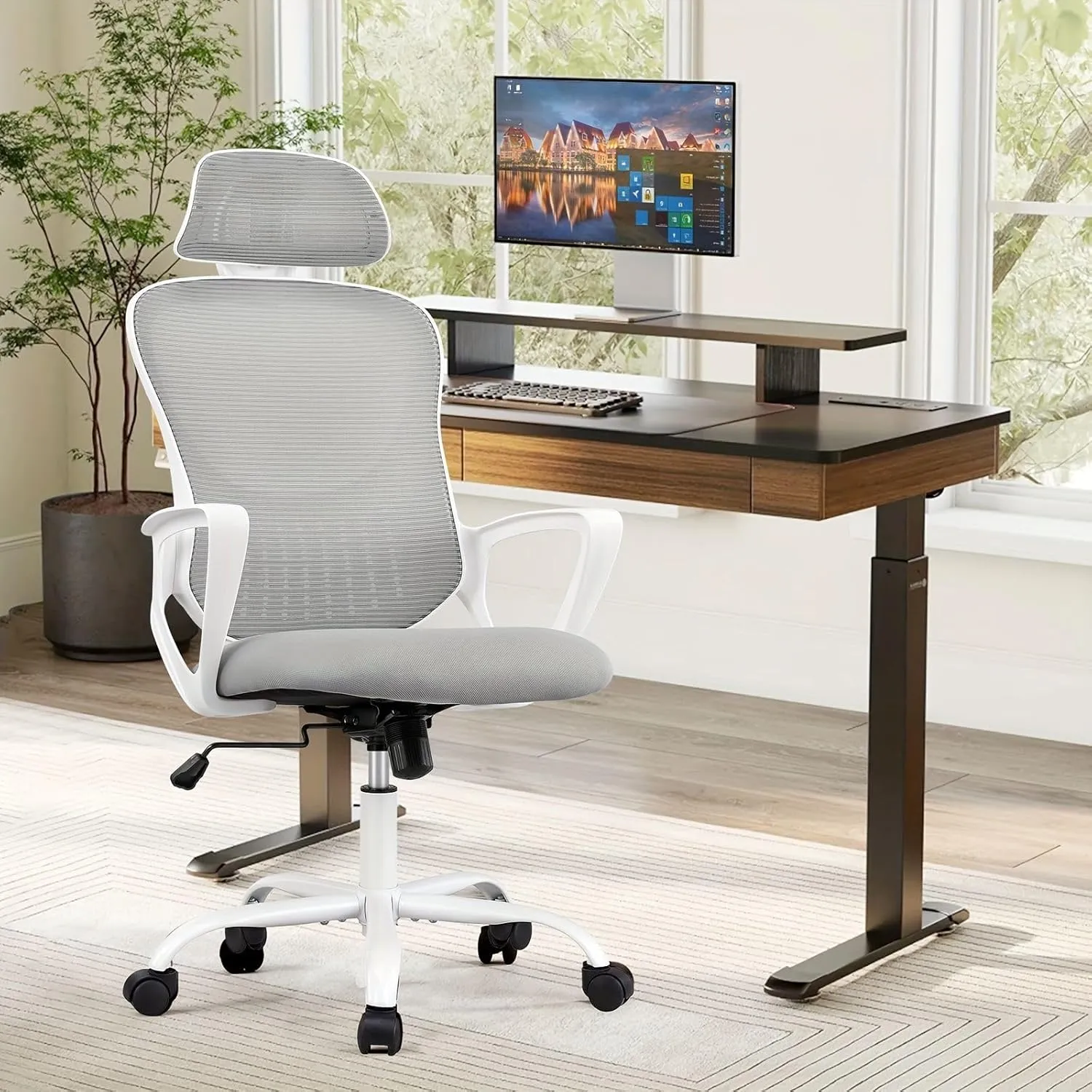 Mesh Ergonomic Office Computer Desk Chair with Adjustable Headrests & Flip-up Arms,for Living Room,Bedroom,Study,Office(26.7"×20.08"×53"). (Light Gray)