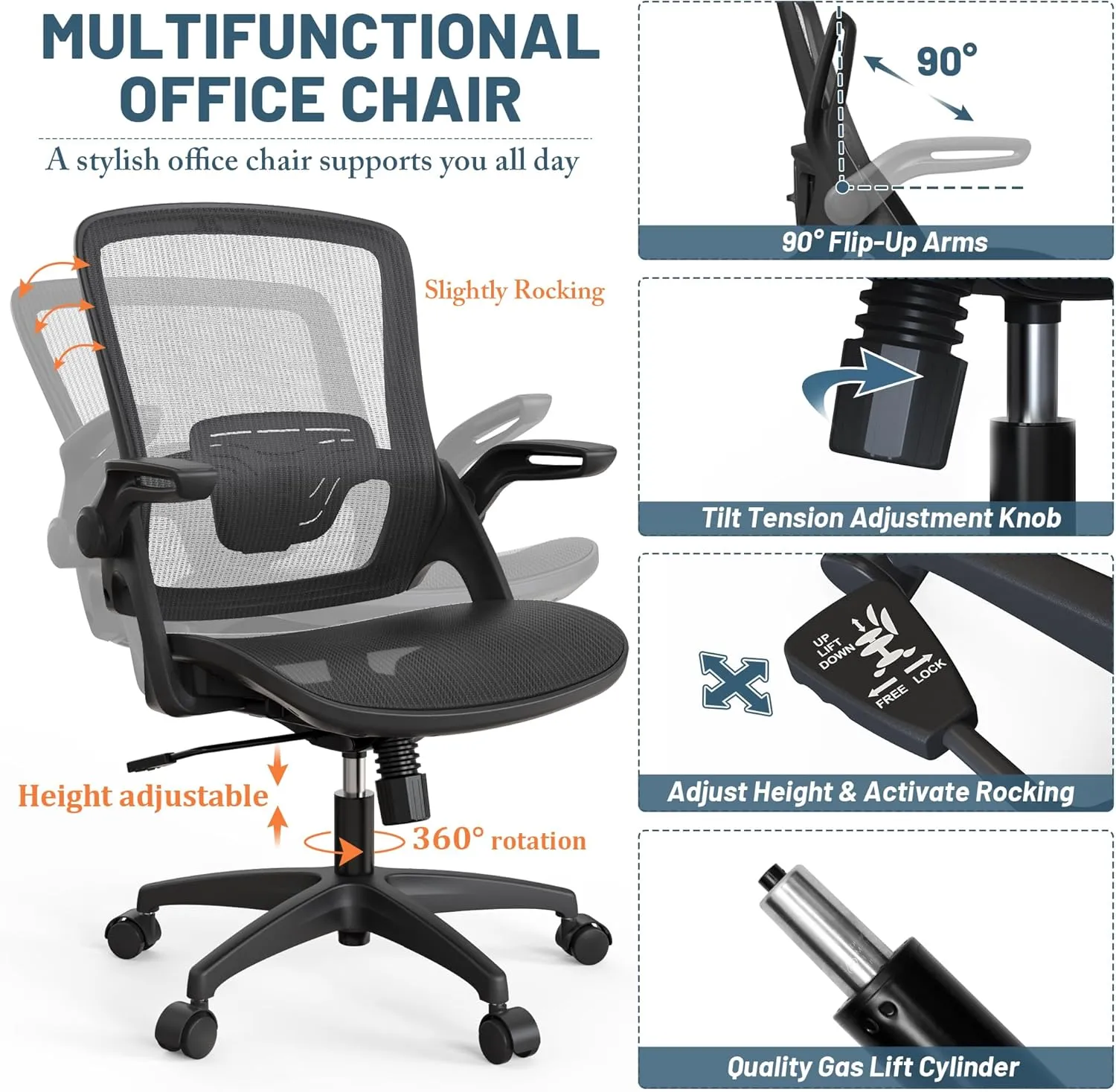 Mesh Seat Home Office Desk Computer Task Chair Comfortable with Height Adjustable Back Support Flip Up Arms Swivel Wheels for Adult Student