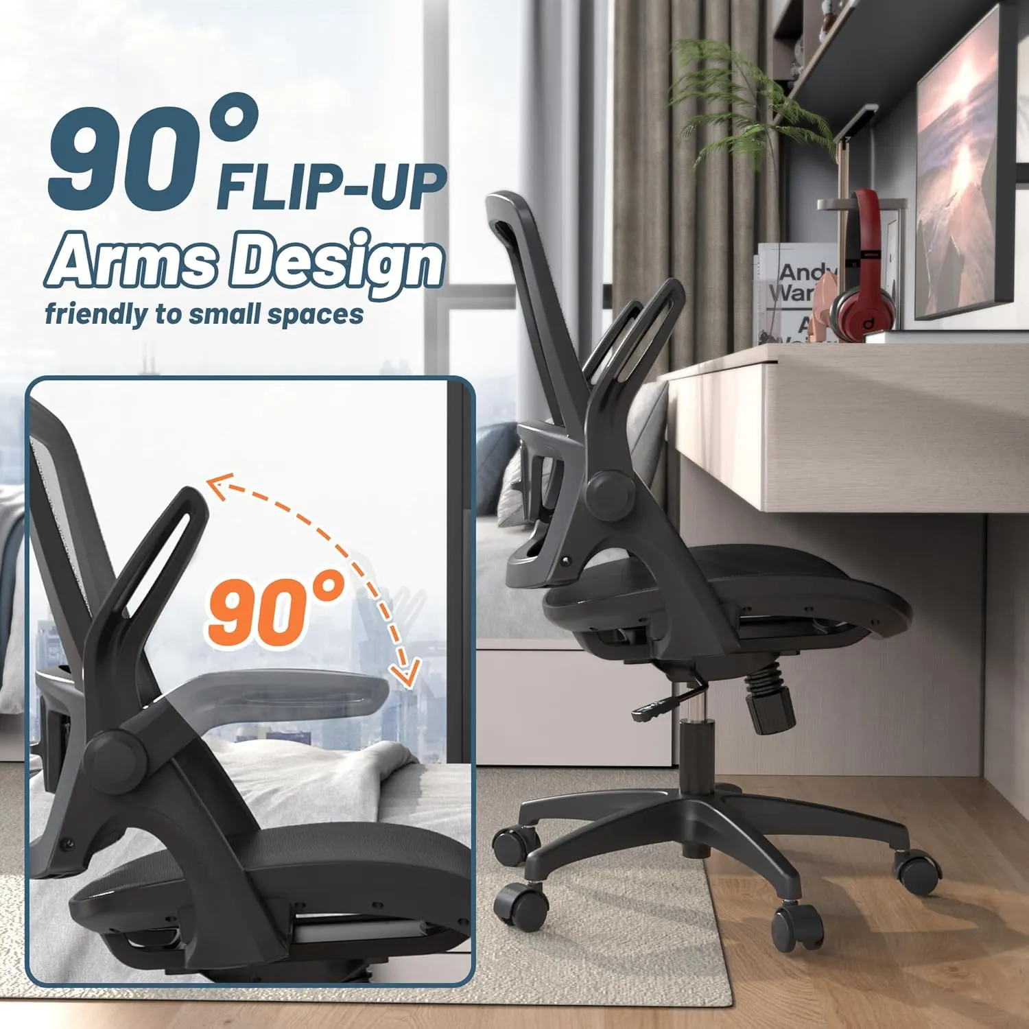 Mesh Seat Home Office Desk Computer Task Chair Comfortable with Height Adjustable Back Support Flip Up Arms Swivel Wheels for Adult Student