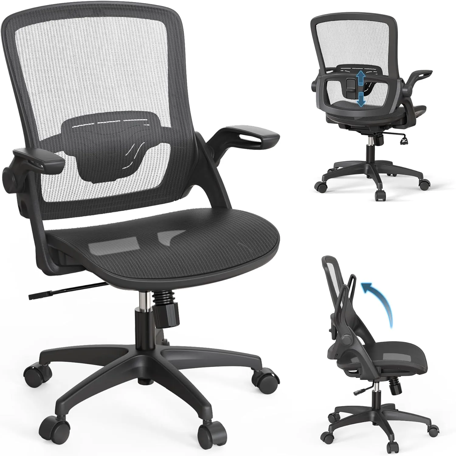 Mesh Seat Home Office Desk Computer Task Chair Comfortable with Height Adjustable Back Support Flip Up Arms Swivel Wheels for Adult Student