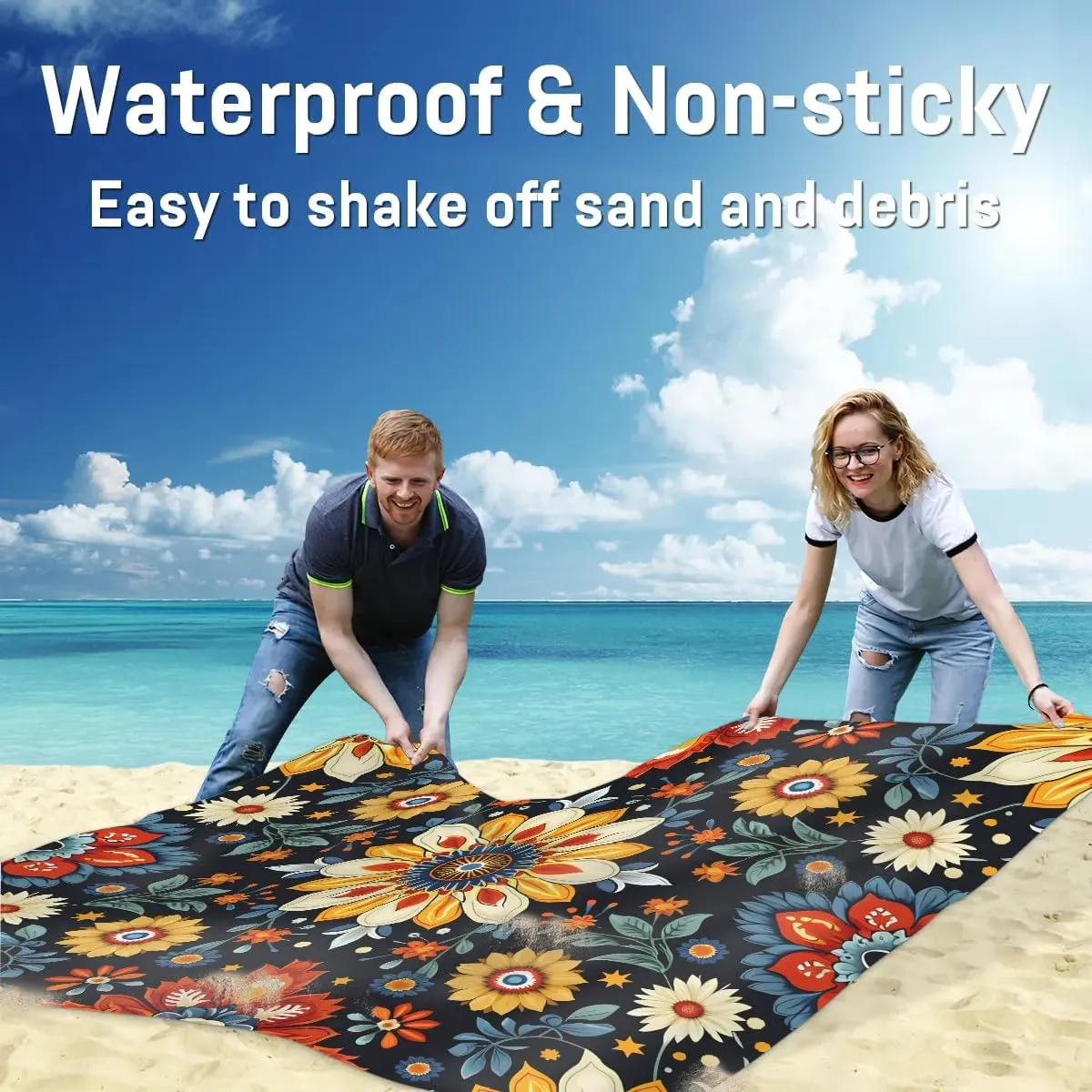 Mexican Beach Blanket, Sandproof Beach Mat, 68 x 59 Waterproof Quick Drying Sand Free Mat with 4 x Ground Spikes for Outdoor Travel Camping Hiking, Bohemian Flower