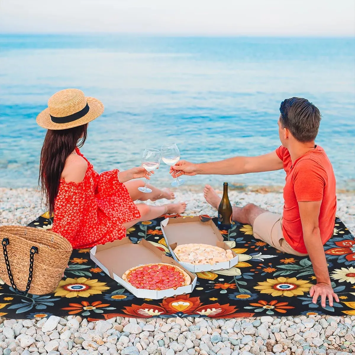 Mexican Beach Blanket, Sandproof Beach Mat, 68 x 59 Waterproof Quick Drying Sand Free Mat with 4 x Ground Spikes for Outdoor Travel Camping Hiking, Bohemian Flower
