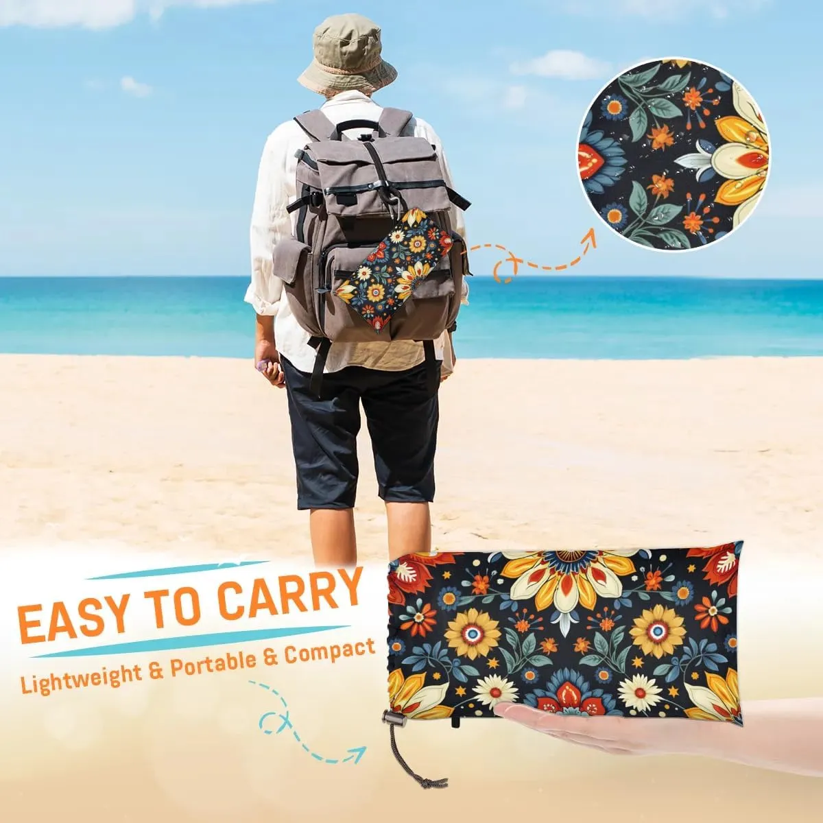 Mexican Beach Blanket, Sandproof Beach Mat, 68 x 59 Waterproof Quick Drying Sand Free Mat with 4 x Ground Spikes for Outdoor Travel Camping Hiking, Bohemian Flower