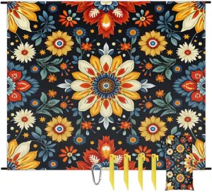 Mexican Beach Blanket, Sandproof Beach Mat, 68 x 59 Waterproof Quick Drying Sand Free Mat with 4 x Ground Spikes for Outdoor Travel Camping Hiking, Bohemian Flower