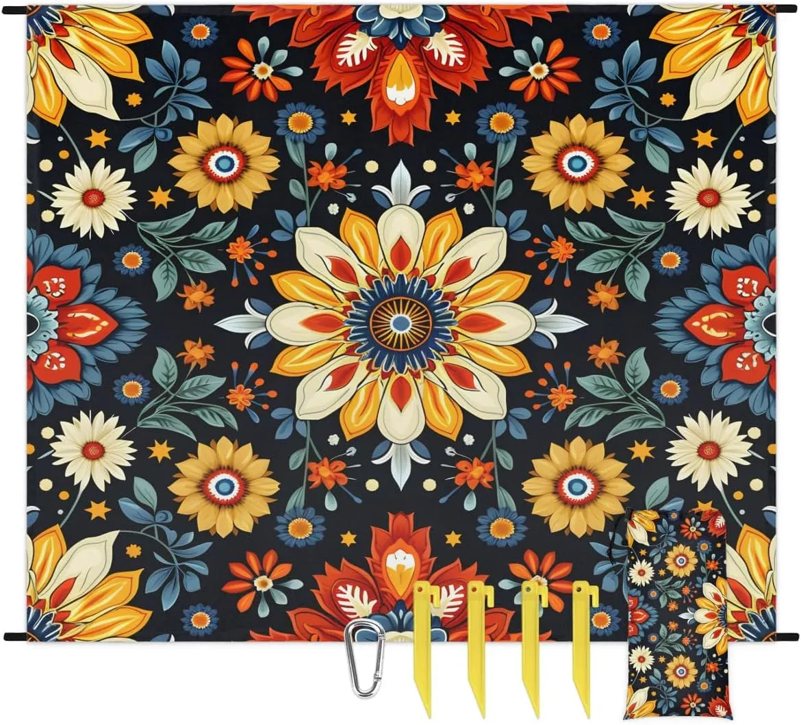 Mexican Beach Blanket, Sandproof Beach Mat, 68 x 59 Waterproof Quick Drying Sand Free Mat with 4 x Ground Spikes for Outdoor Travel Camping Hiking, Bohemian Flower