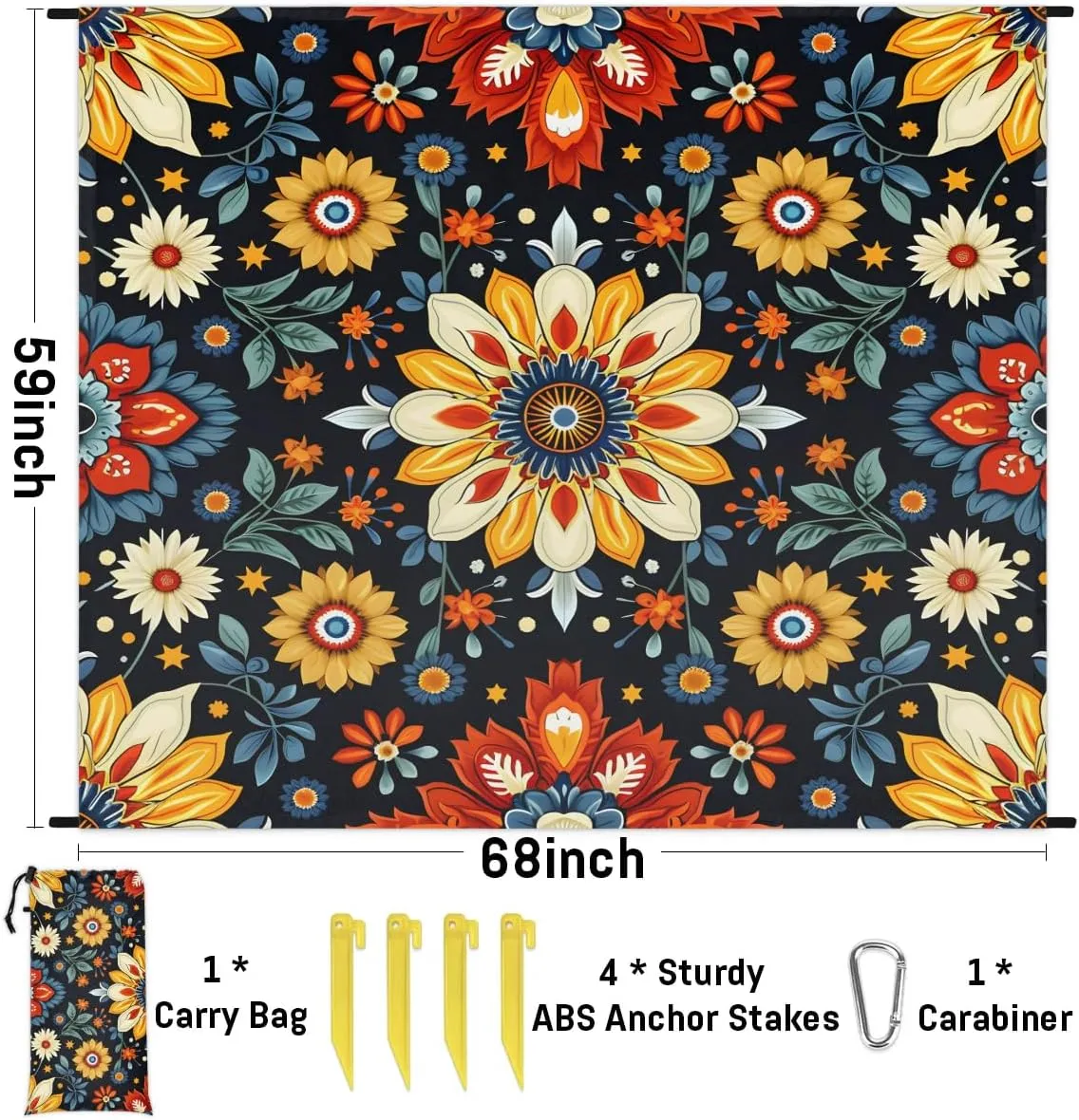 Mexican Beach Blanket, Sandproof Beach Mat, 68 x 59 Waterproof Quick Drying Sand Free Mat with 4 x Ground Spikes for Outdoor Travel Camping Hiking, Bohemian Flower