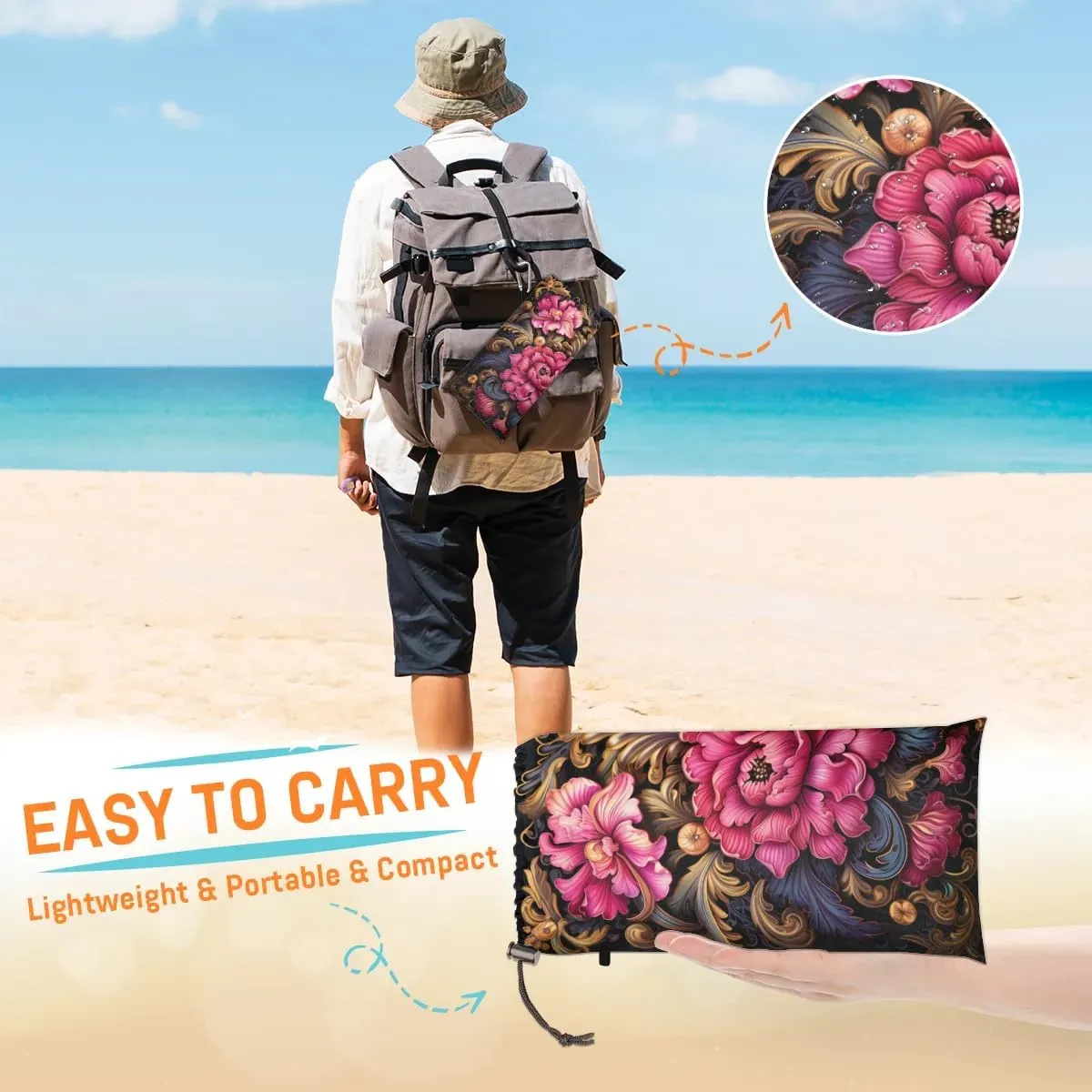 Mexican Flower Beach Blanket, Sandproof Beach Mat, 68 x 59 Waterproof Quick Drying Sand Free Mat with 4 x Ground Spikes for Outdoor Travel Camping Hiking, Mexico Floral