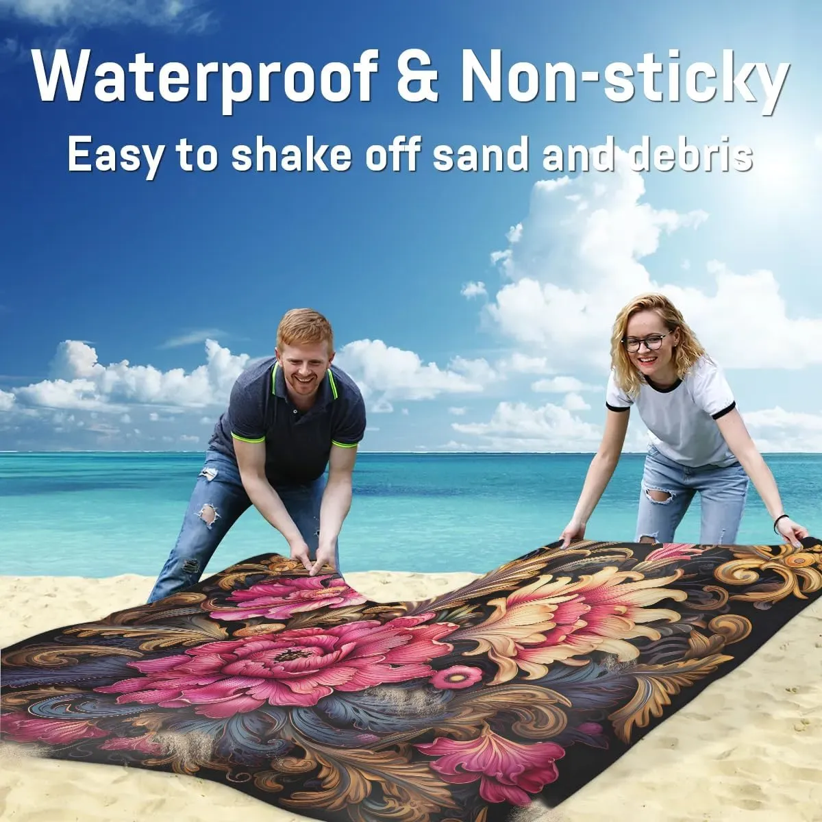 Mexican Flower Beach Blanket, Sandproof Beach Mat, 68 x 59 Waterproof Quick Drying Sand Free Mat with 4 x Ground Spikes for Outdoor Travel Camping Hiking, Mexico Floral