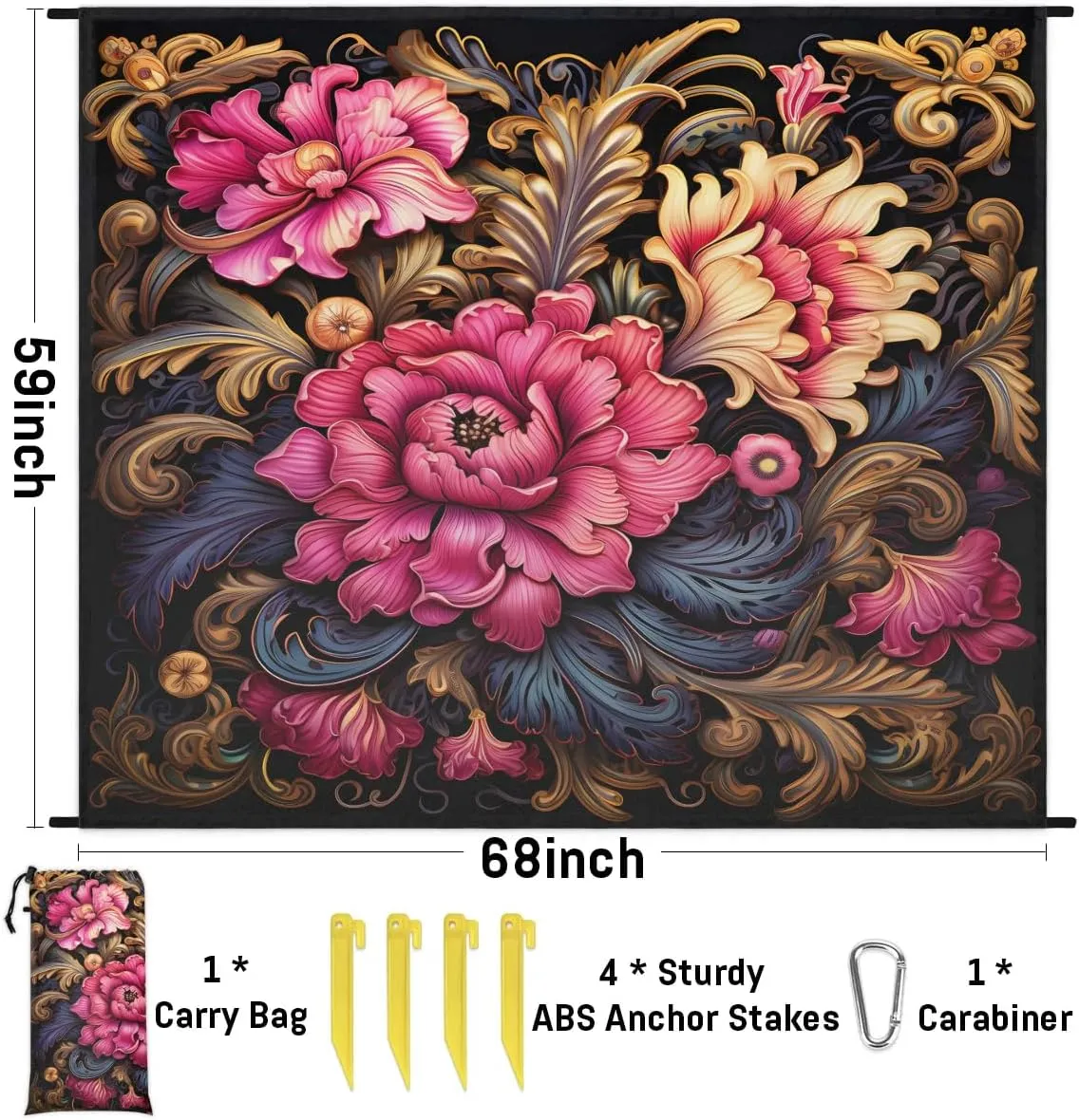 Mexican Flower Beach Blanket, Sandproof Beach Mat, 68 x 59 Waterproof Quick Drying Sand Free Mat with 4 x Ground Spikes for Outdoor Travel Camping Hiking, Mexico Floral