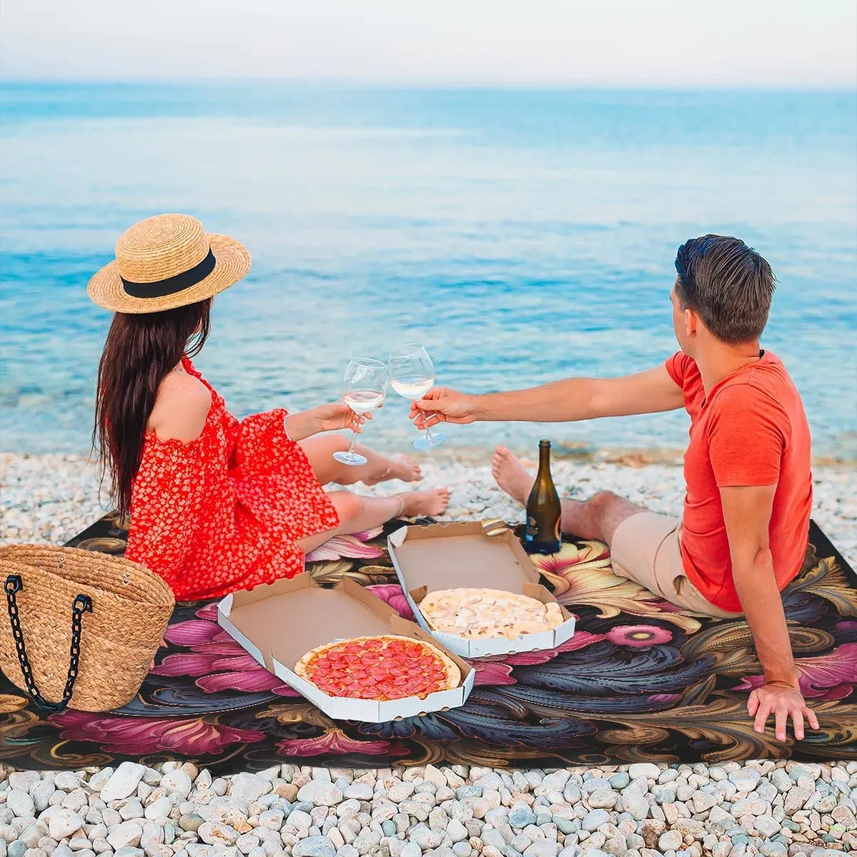 Mexican Flower Beach Blanket, Sandproof Beach Mat, 68 x 59 Waterproof Quick Drying Sand Free Mat with 4 x Ground Spikes for Outdoor Travel Camping Hiking, Mexico Floral