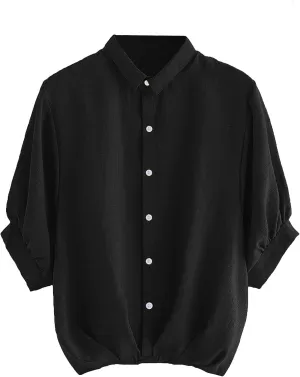 Milumia Women's Collar Lantern Short Sleeve Pleated Hem Button Down Work Blouse Shirt Top