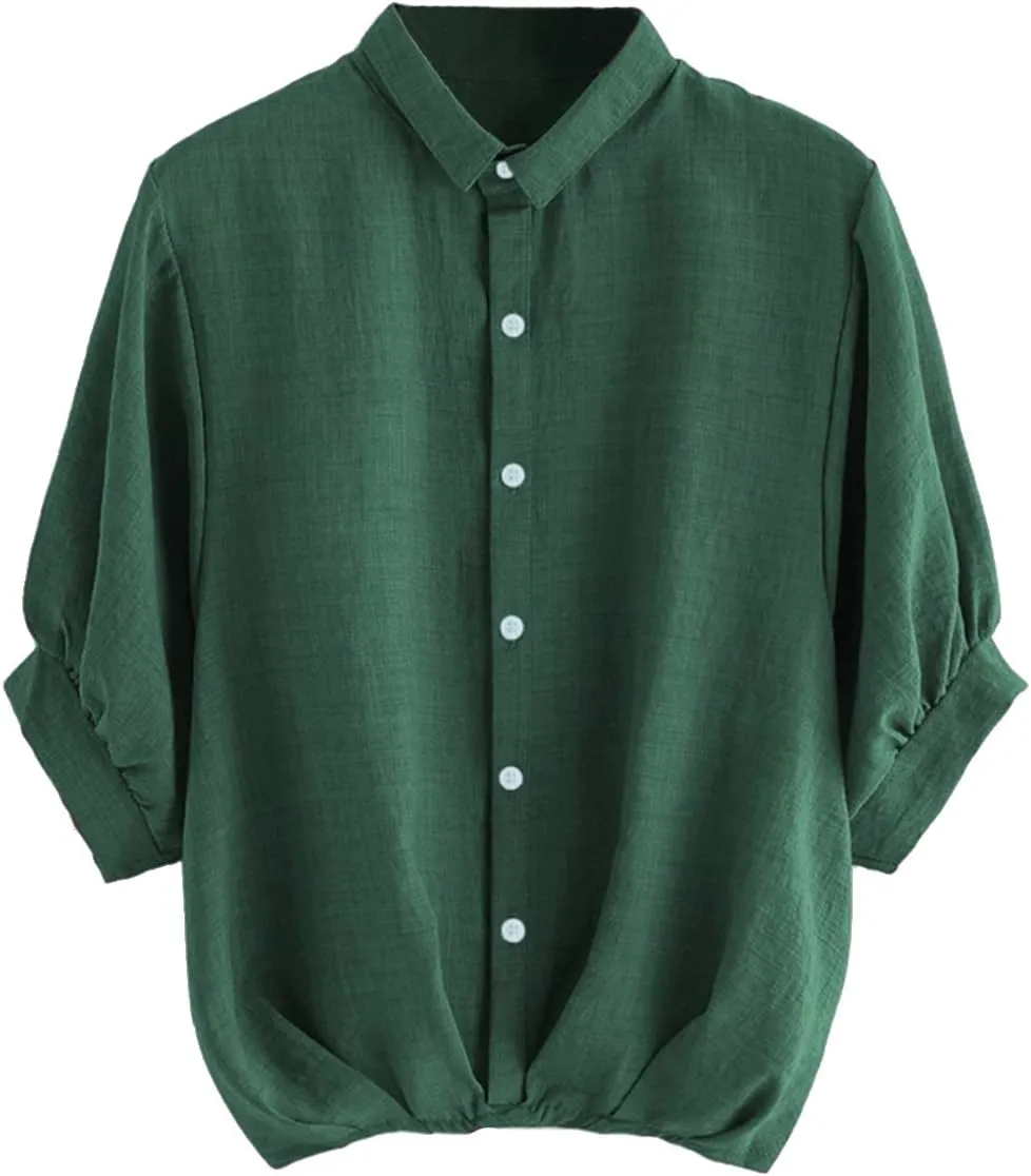 Milumia Women's Collar Lantern Short Sleeve Pleated Hem Button Down Work Blouse Shirt Top