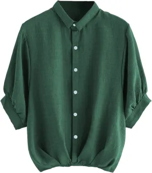 Milumia Women's Collar Lantern Short Sleeve Pleated Hem Button Down Work Blouse Shirt Top