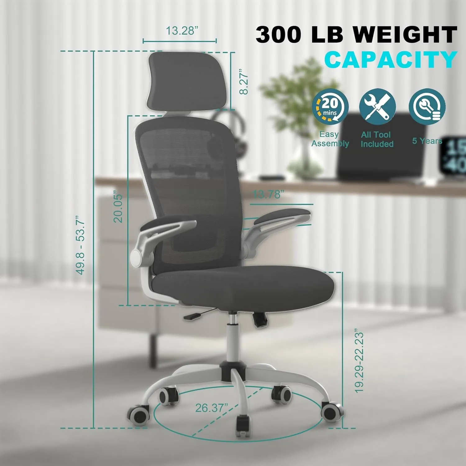 Mimoglad Office Chair, Comfy Desk Chair - High Back Ergonomic Computer Chair with Adjustable Lumbar Support & Headrest, Flip-up Armrests for Guitar Playing, Swivel Task Chair for Home Office