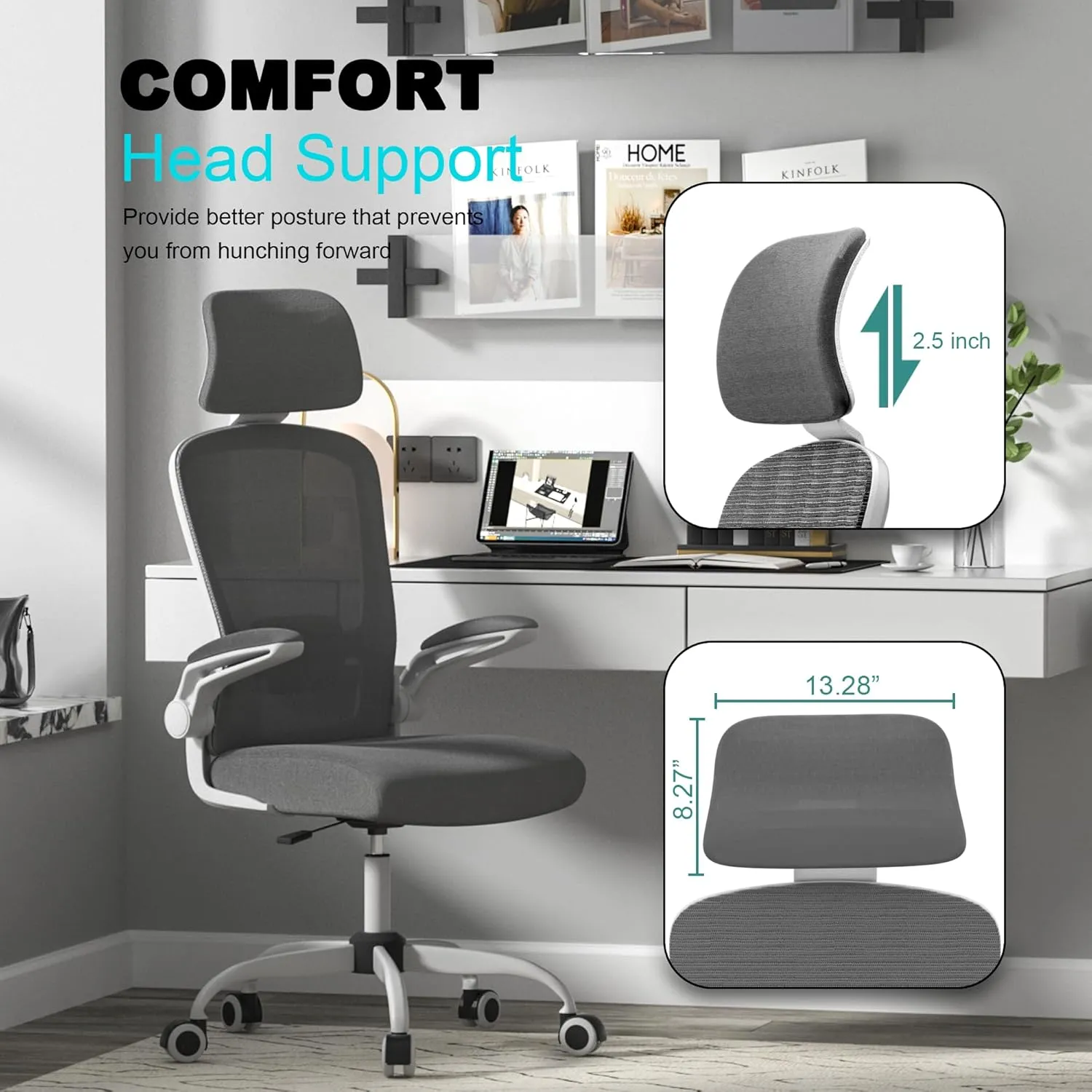 Mimoglad Office Chair, Comfy Desk Chair - High Back Ergonomic Computer Chair with Adjustable Lumbar Support & Headrest, Flip-up Armrests for Guitar Playing, Swivel Task Chair for Home Office