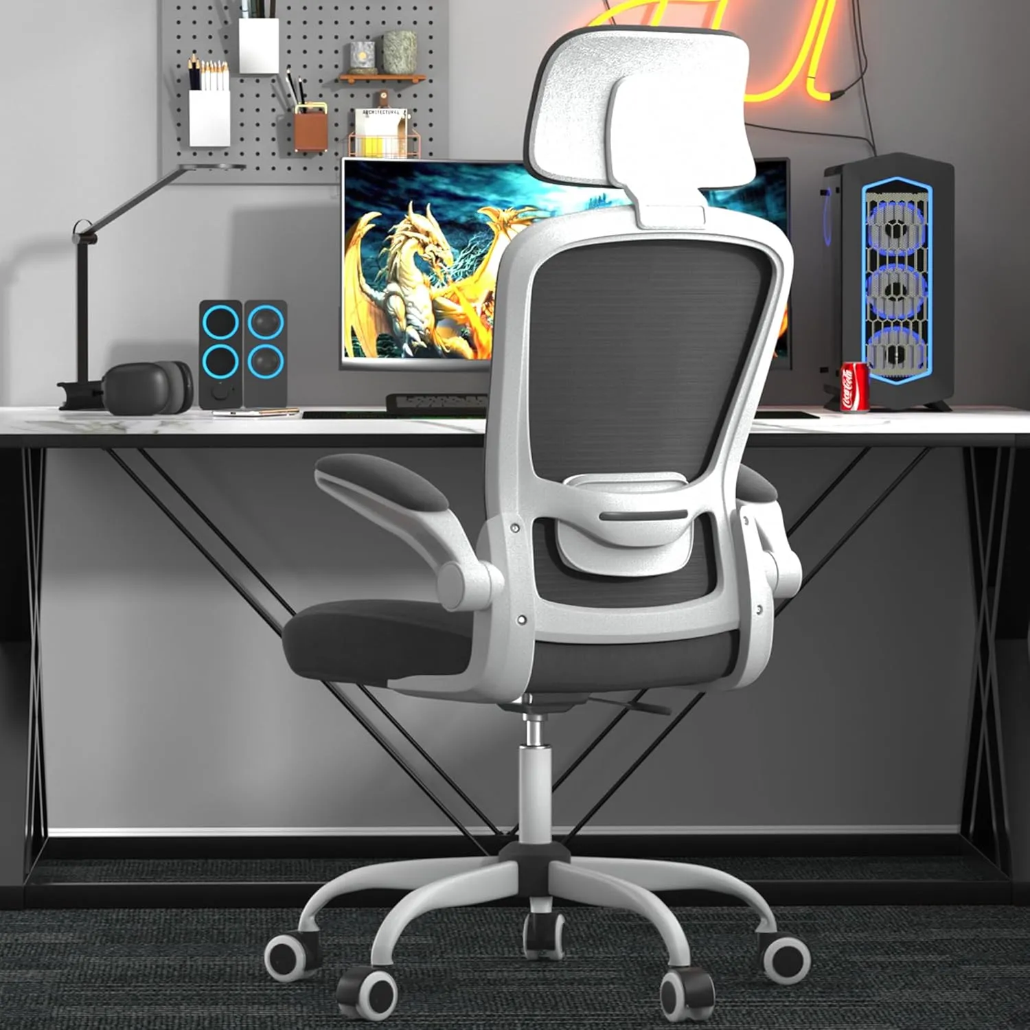 Mimoglad Office Chair, Comfy Desk Chair - High Back Ergonomic Computer Chair with Adjustable Lumbar Support & Headrest, Flip-up Armrests for Guitar Playing, Swivel Task Chair for Home Office