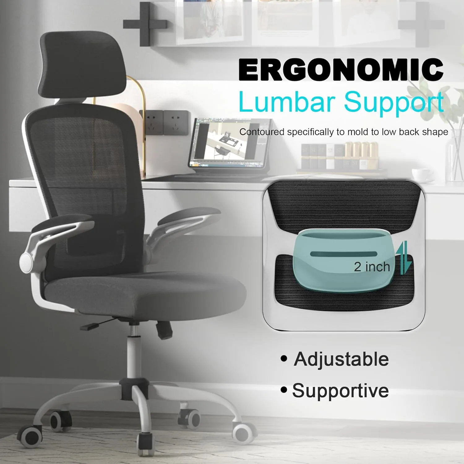 Mimoglad Office Chair, Comfy Desk Chair - High Back Ergonomic Computer Chair with Adjustable Lumbar Support & Headrest, Flip-up Armrests for Guitar Playing, Swivel Task Chair for Home Office