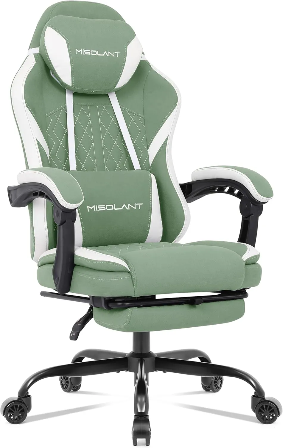 Misolant Gaming Chair, Fabric Gamer Chair with footrest for Adults, High Back Ergonomic Computer Game Chair with Adjustable Headrest and Massage Lumbar Support, 90-155° Recline Free, Green