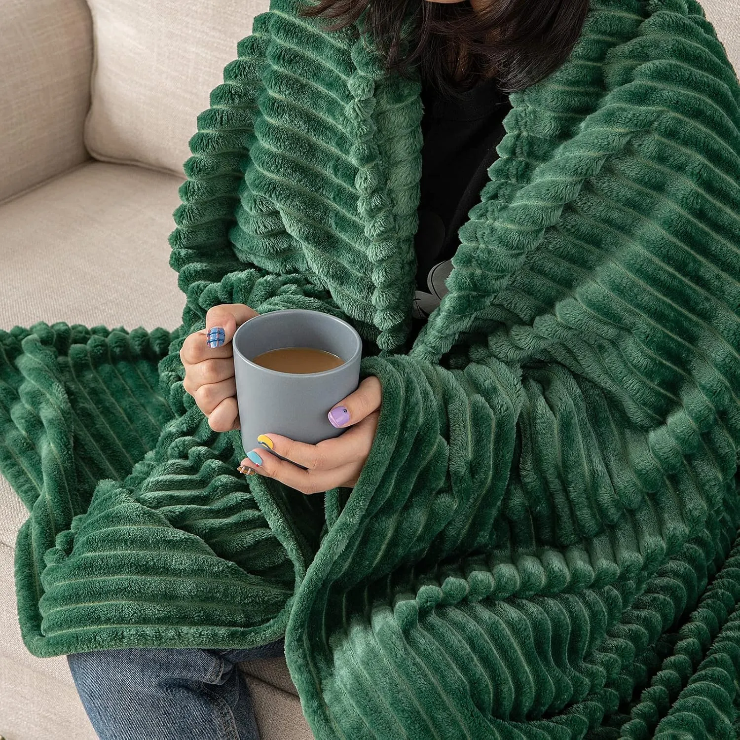 MIULEE Fleece Throw Blanket for Couch 300GSM Super Soft Lightweight Plush Striped, Dark Green Warm Cozy Breathable Ribbed Blanket for Bed/Sofa Christmas Decor, Throw Size 50"x60"