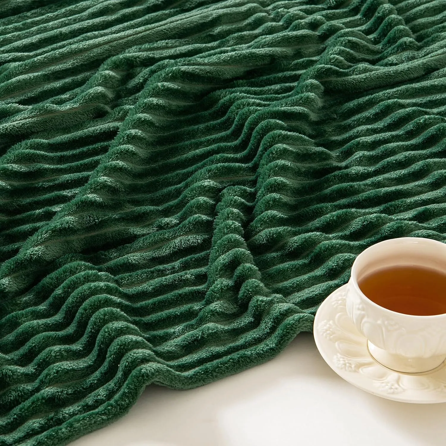 MIULEE Fleece Throw Blanket for Couch 300GSM Super Soft Lightweight Plush Striped, Dark Green Warm Cozy Breathable Ribbed Blanket for Bed/Sofa Christmas Decor, Throw Size 50"x60"