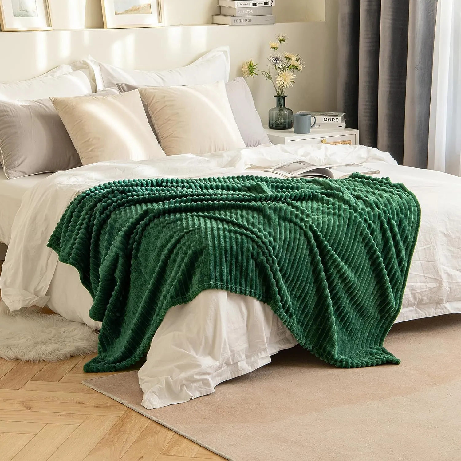 MIULEE Fleece Throw Blanket for Couch 300GSM Super Soft Lightweight Plush Striped, Dark Green Warm Cozy Breathable Ribbed Blanket for Bed/Sofa Christmas Decor, Throw Size 50"x60"