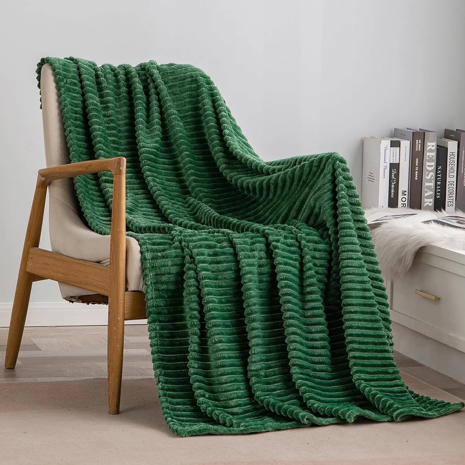 MIULEE Fleece Throw Blanket for Couch 300GSM Super Soft Lightweight Plush Striped, Dark Green Warm Cozy Breathable Ribbed Blanket for Bed/Sofa Christmas Decor, Throw Size 50"x60"