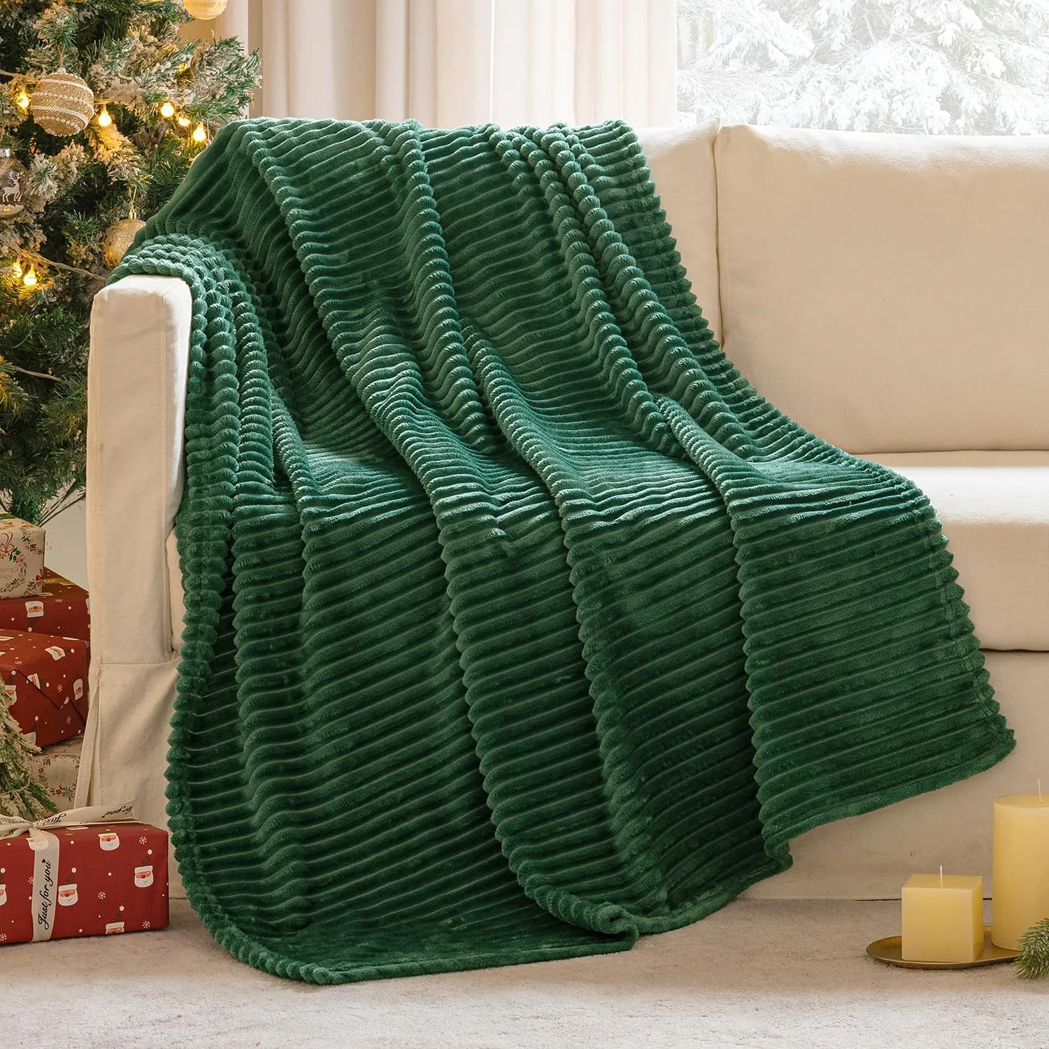 MIULEE Fleece Throw Blanket for Couch 300GSM Super Soft Lightweight Plush Striped, Dark Green Warm Cozy Breathable Ribbed Blanket for Bed/Sofa Christmas Decor, Throw Size 50"x60"