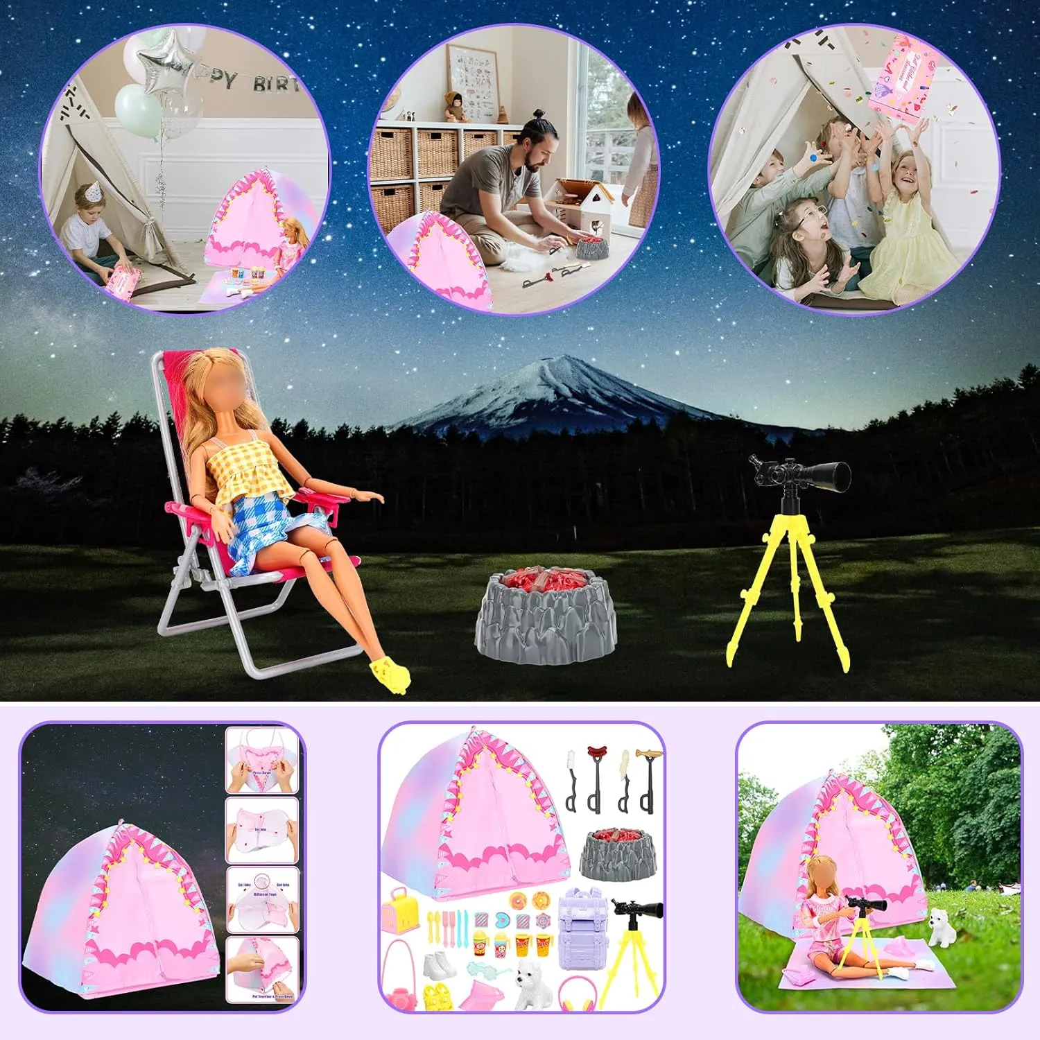 Miunana 35PCS Doll Camping Playset for 11.5" Girl Dolls - STEM Tent with Backpack, BBQ Grill & Stargazing Tools Pretend Play Outdoor Adventure Toy