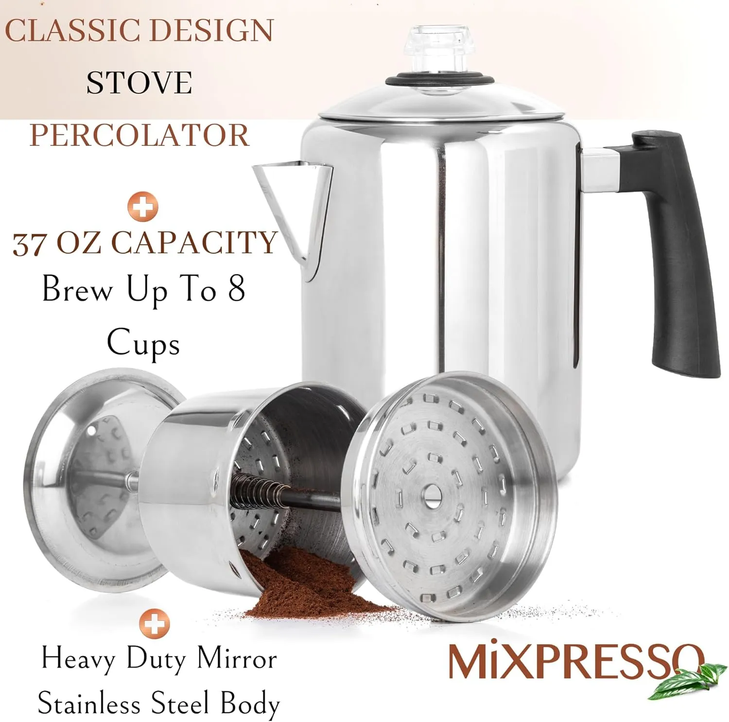 Mixpresso Stainless Steel Coffee Percolator Stovetop, 37oz Classic Percolator Coffee Pot, Excellent For Camping Pot, 5-8 Cup Stove Top Coffee Maker, Cool-Touch Handle