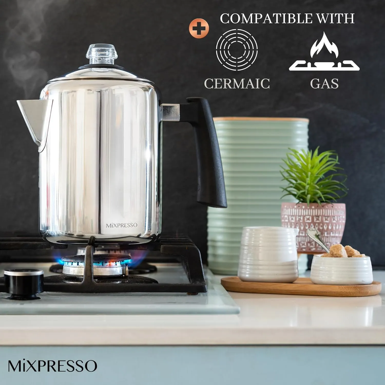 Mixpresso Stainless Steel Coffee Percolator Stovetop, 37oz Classic Percolator Coffee Pot, Excellent For Camping Pot, 5-8 Cup Stove Top Coffee Maker, Cool-Touch Handle