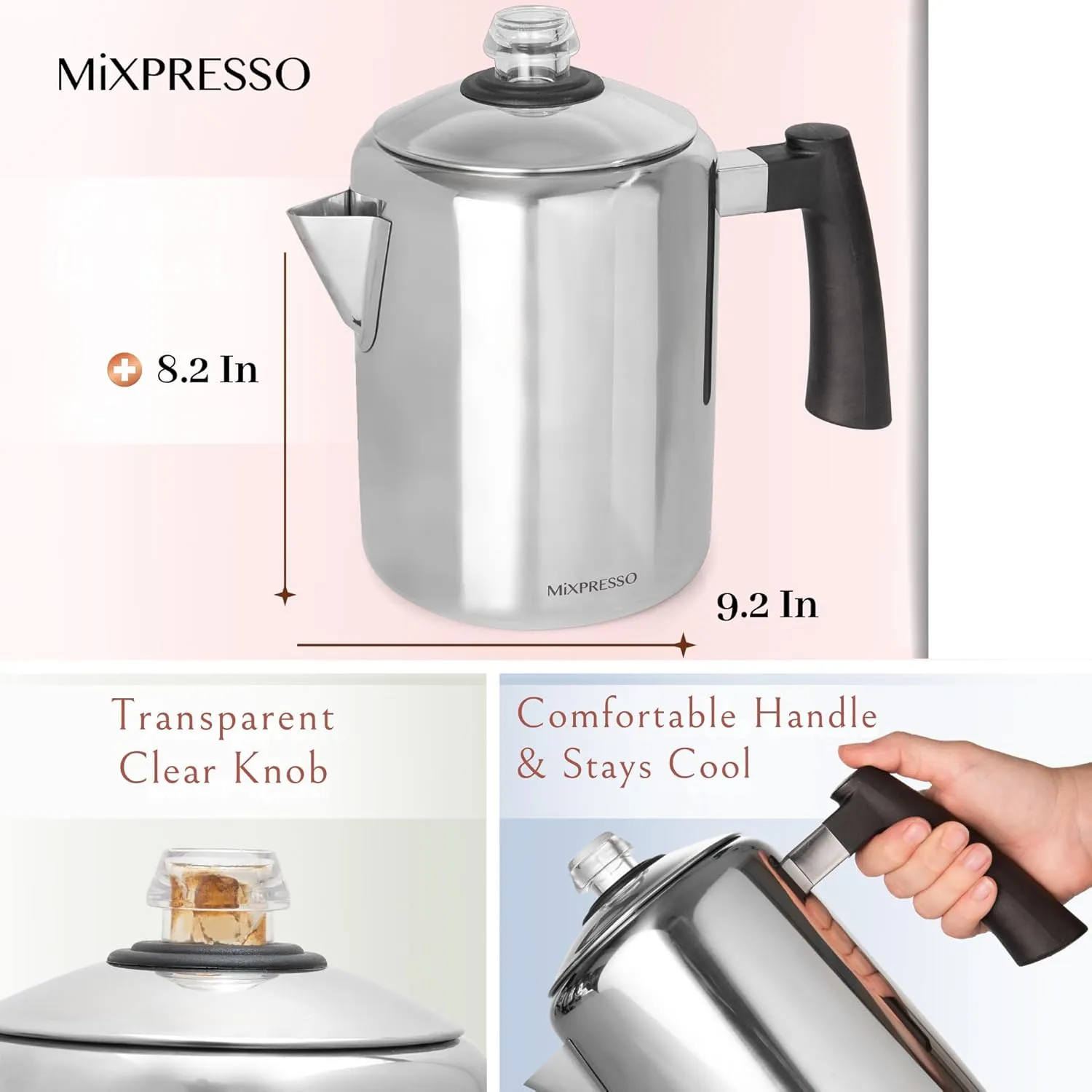 Mixpresso Stainless Steel Coffee Percolator Stovetop, 37oz Classic Percolator Coffee Pot, Excellent For Camping Pot, 5-8 Cup Stove Top Coffee Maker, Cool-Touch Handle