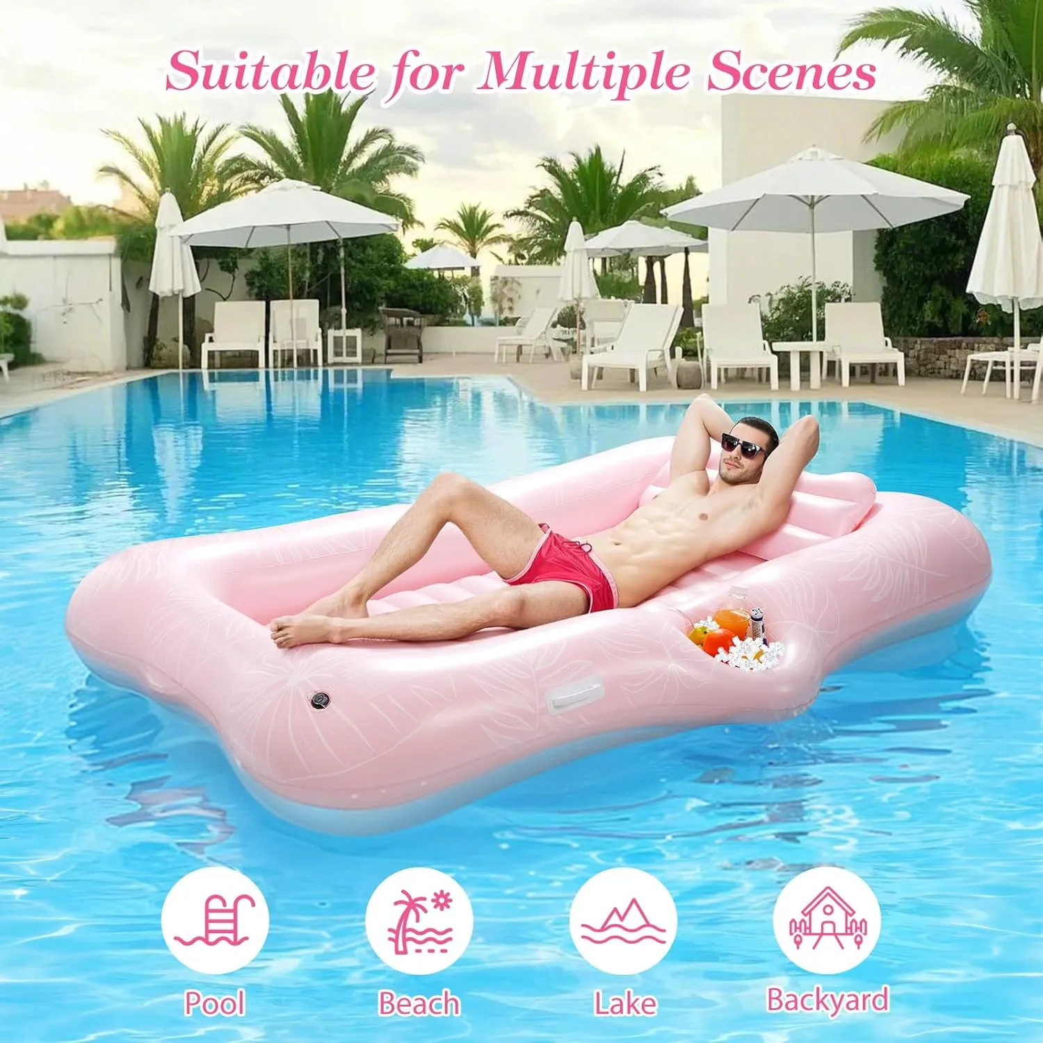 MoKo Pool Floats Adult, Large Floating Bed with Ice Bar, Tanning Bed Pool Raft Inflatable Lounger with Drink Holder Tanning Chair Inflatable Pool Toys for Party Beach Backyard