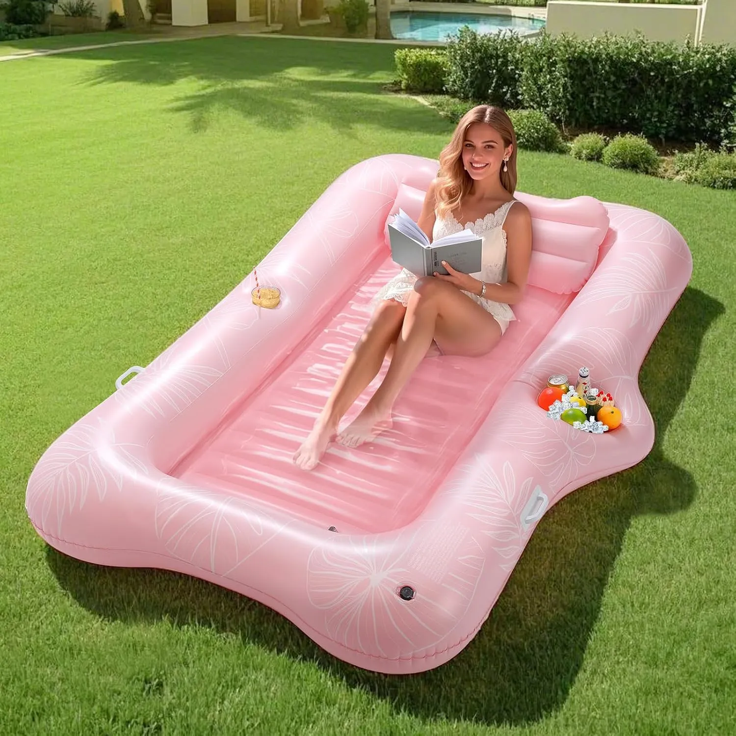 MoKo Pool Floats Adult, Large Floating Bed with Ice Bar, Tanning Bed Pool Raft Inflatable Lounger with Drink Holder Tanning Chair Inflatable Pool Toys for Party Beach Backyard
