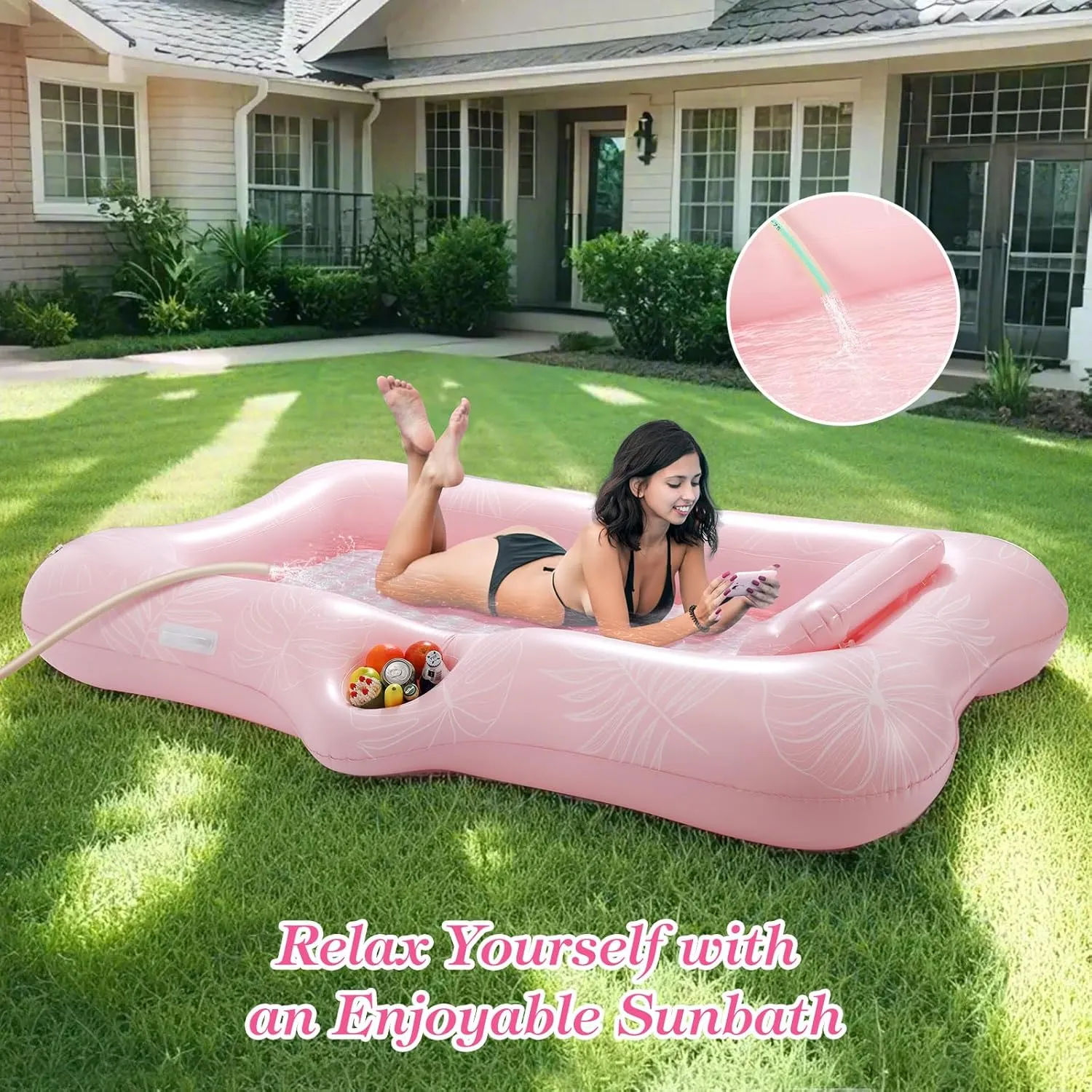 MoKo Pool Floats Adult, Large Floating Bed with Ice Bar, Tanning Bed Pool Raft Inflatable Lounger with Drink Holder Tanning Chair Inflatable Pool Toys for Party Beach Backyard