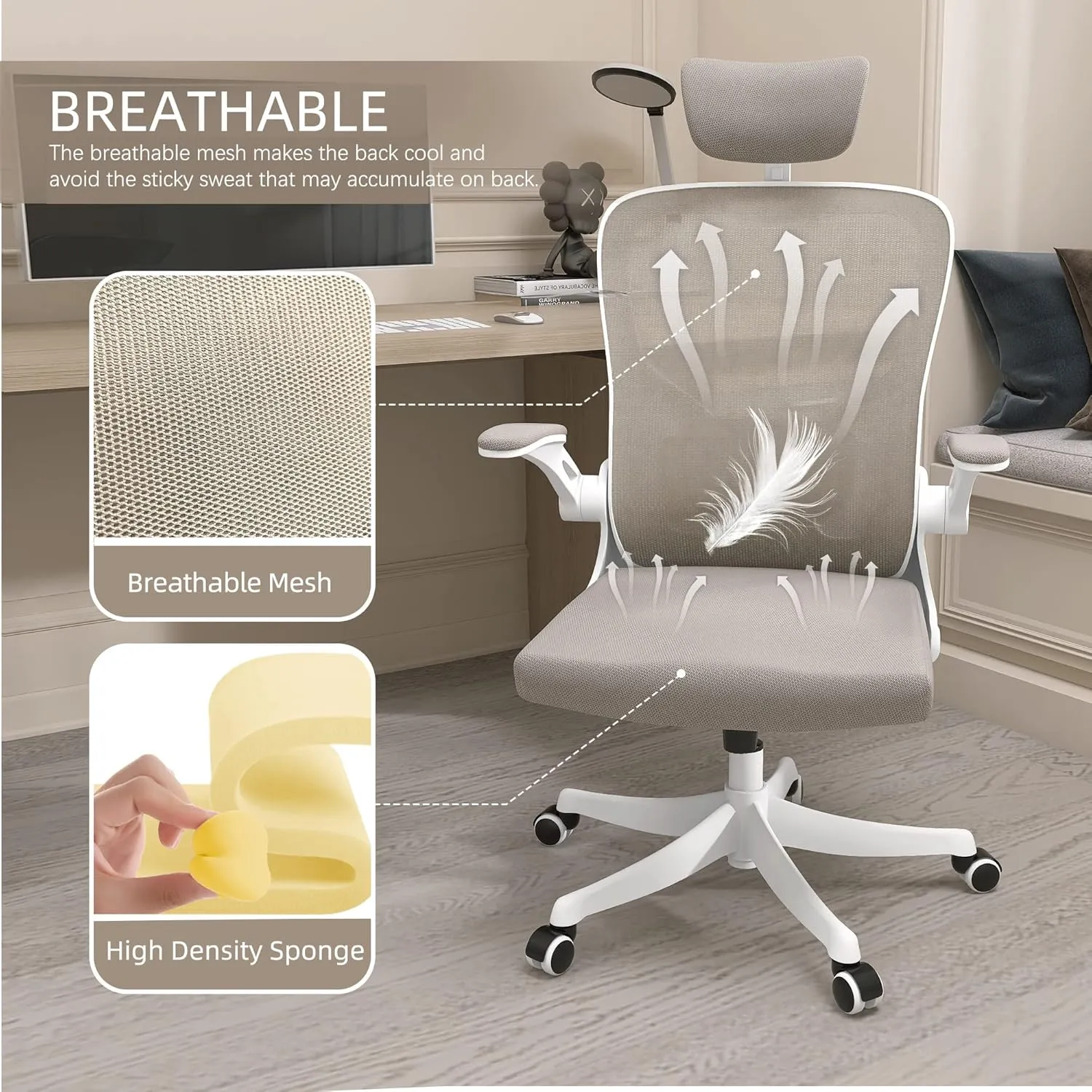 Monhey Office Chair Ergonomic Desk Chair with Lumbar Support&Headrest&Flip-up Arms Height Adjustable Rocking Swivel High Back Computer Chair Warm Taupe Mesh Study Chair (02White Khaki)