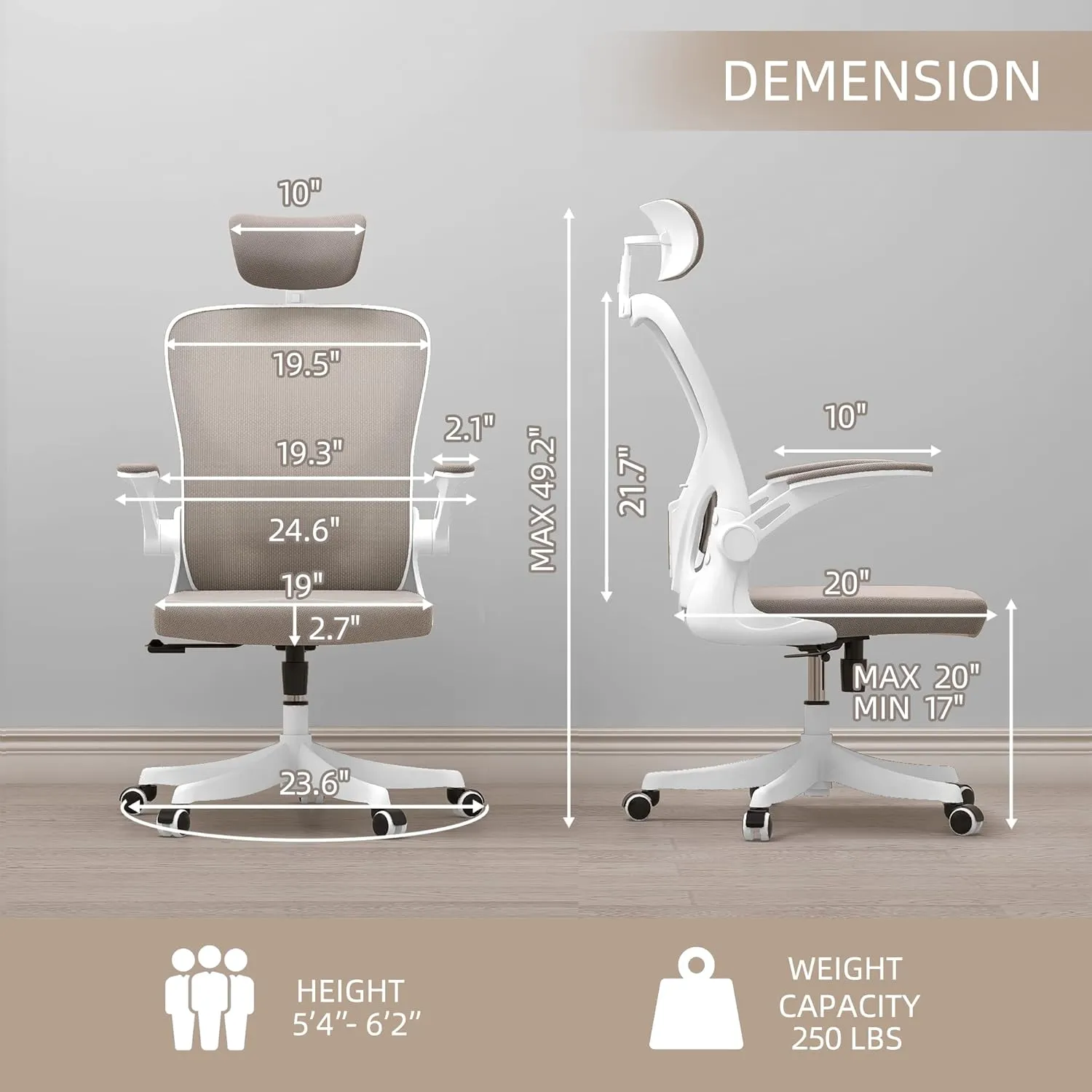 Monhey Office Chair Ergonomic Desk Chair with Lumbar Support&Headrest&Flip-up Arms Height Adjustable Rocking Swivel High Back Computer Chair Warm Taupe Mesh Study Chair (02White Khaki)