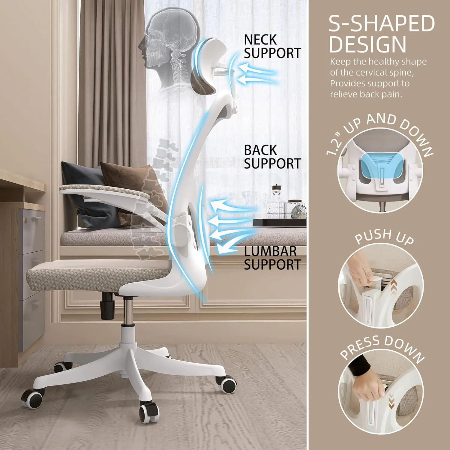 Monhey Office Chair Ergonomic Desk Chair with Lumbar Support&Headrest&Flip-up Arms Height Adjustable Rocking Swivel High Back Computer Chair Warm Taupe Mesh Study Chair (02White Khaki)