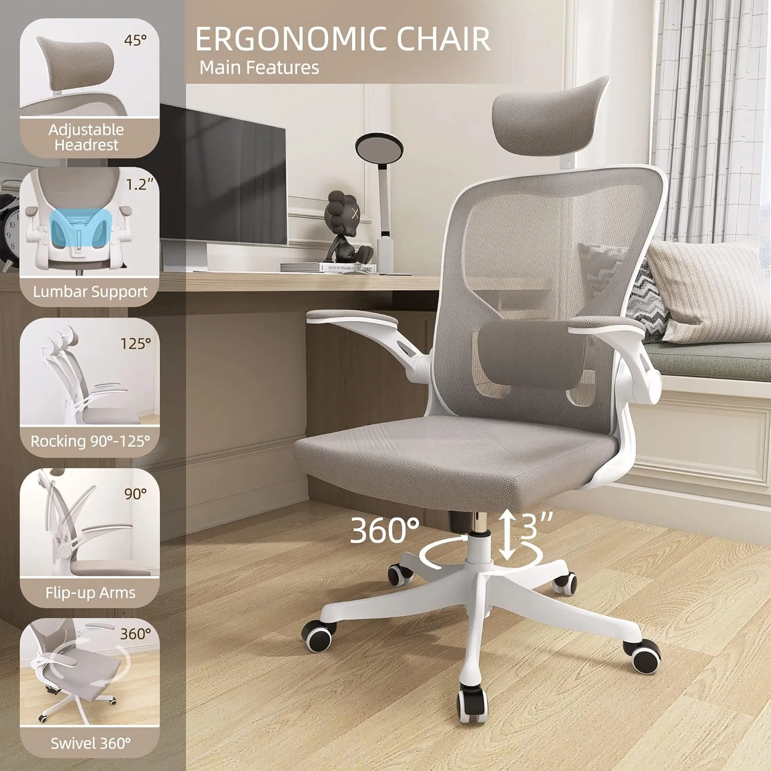 Monhey Office Chair Ergonomic Desk Chair with Lumbar Support&Headrest&Flip-up Arms Height Adjustable Rocking Swivel High Back Computer Chair Warm Taupe Mesh Study Chair (02White Khaki)