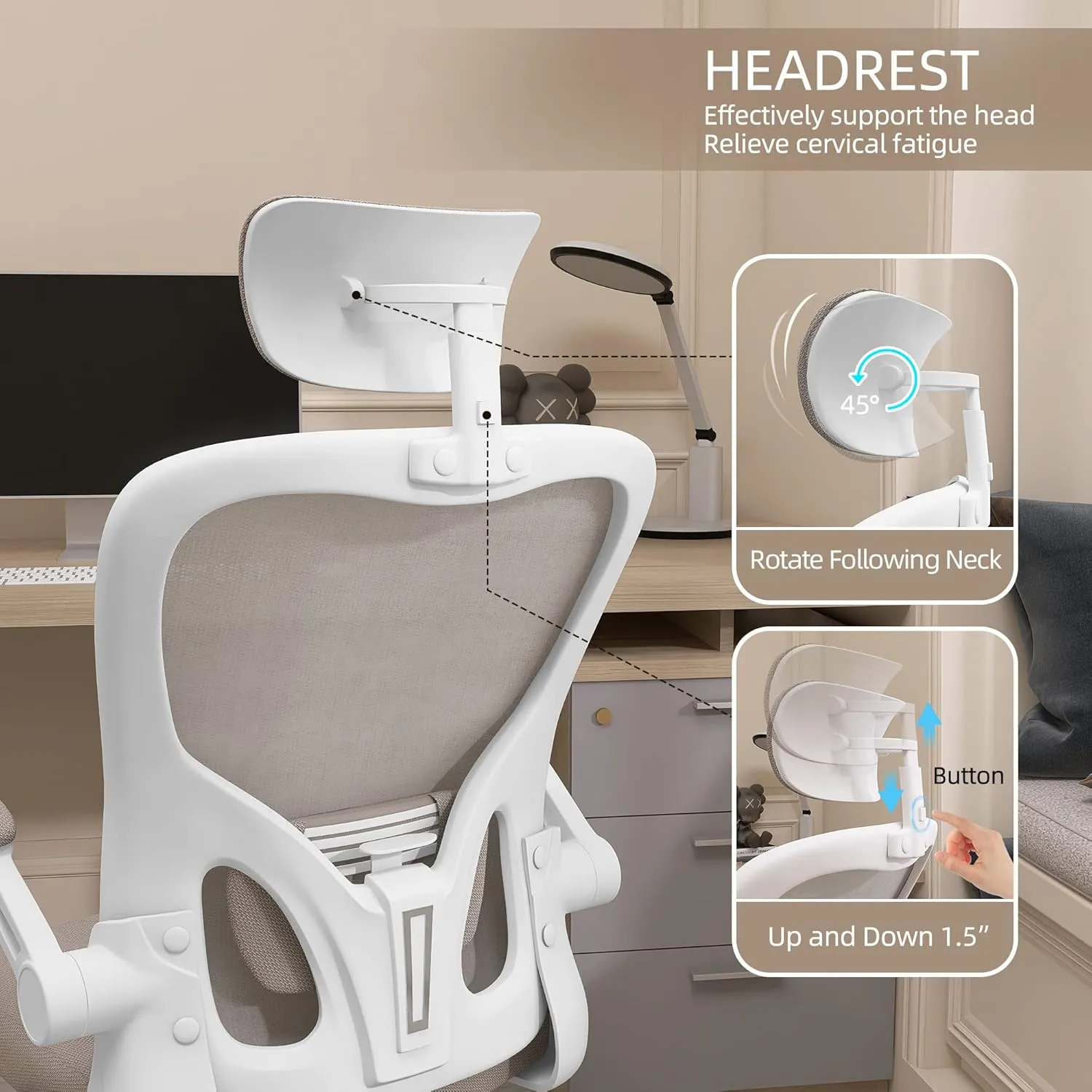 Monhey Office Chair Ergonomic Desk Chair with Lumbar Support&Headrest&Flip-up Arms Height Adjustable Rocking Swivel High Back Computer Chair Warm Taupe Mesh Study Chair (02White Khaki)