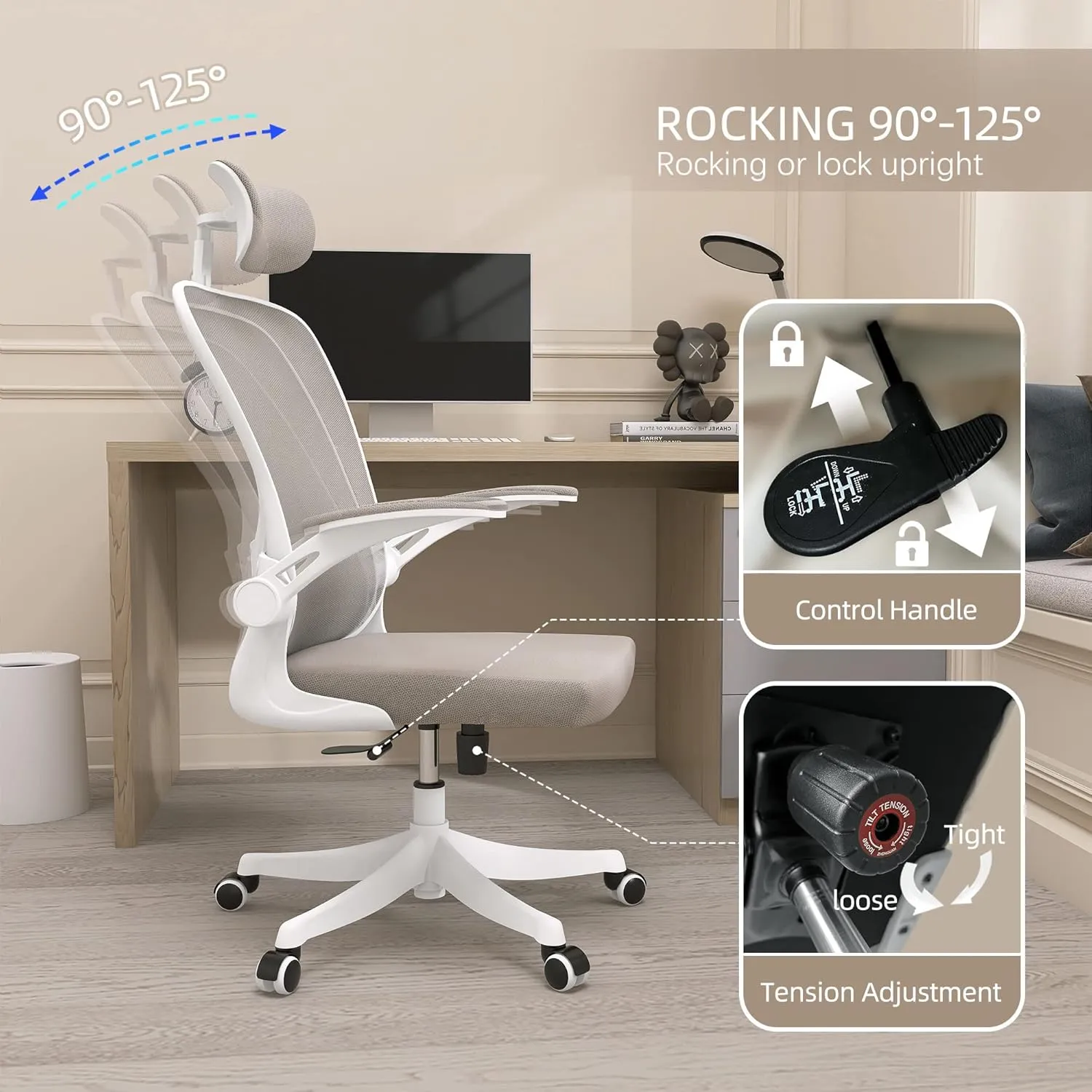 Monhey Office Chair Ergonomic Desk Chair with Lumbar Support&Headrest&Flip-up Arms Height Adjustable Rocking Swivel High Back Computer Chair Warm Taupe Mesh Study Chair (02White Khaki)