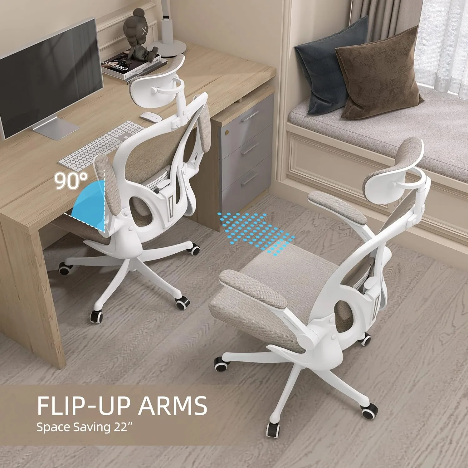 Monhey Office Chair Ergonomic Desk Chair with Lumbar Support&Headrest&Flip-up Arms Height Adjustable Rocking Swivel High Back Computer Chair Warm Taupe Mesh Study Chair (02White Khaki)