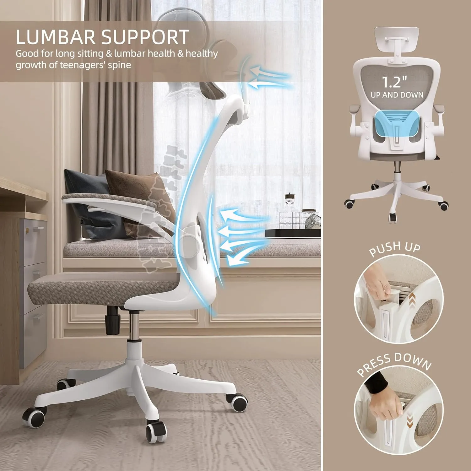 Monhey Office Chair Ergonomic Desk Chair with Lumbar Support&Headrest&Flip-up Arms Height Adjustable Rocking Swivel High Back Computer Chair Warm Taupe Mesh Study Chair (02White Khaki)