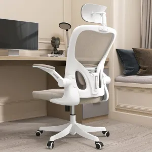 Monhey Office Chair Ergonomic Desk Chair with Lumbar Support&Headrest&Flip-up Arms Height Adjustable Rocking Swivel High Back Computer Chair Warm Taupe Mesh Study Chair (02White Khaki)