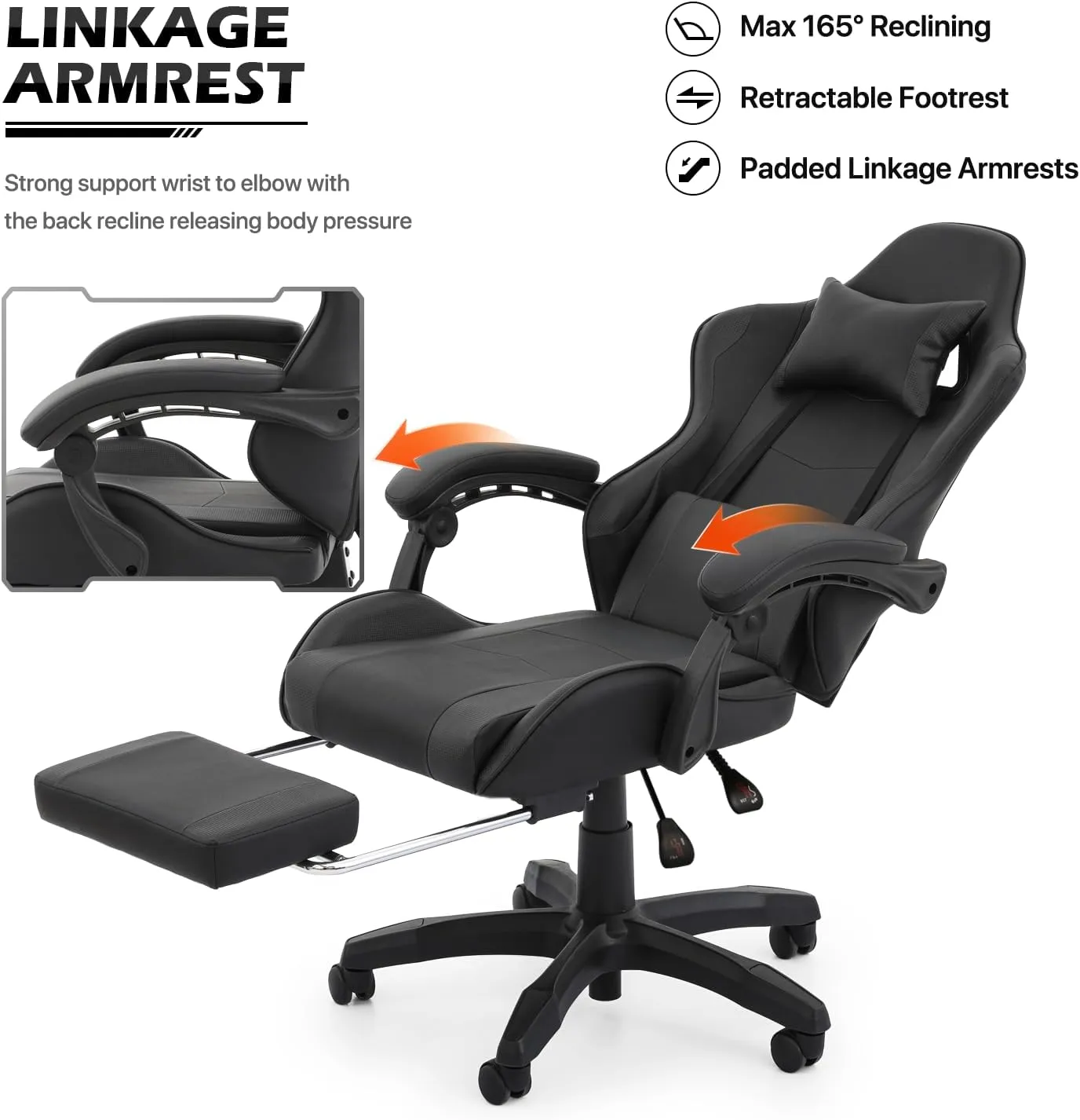 MoNiBloom Computer Gaming Chair with Footrest and Lumbar Support, Adjustable Hight Ergonomic Racing Chair for Adult Teen Office or Gaming, Carbon Fiber Leather High Back Video Game Chair, Black
