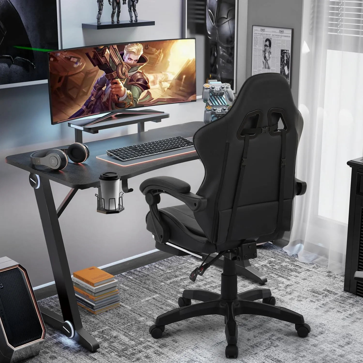 MoNiBloom Computer Gaming Chair with Footrest and Lumbar Support, Adjustable Hight Ergonomic Racing Chair for Adult Teen Office or Gaming, Carbon Fiber Leather High Back Video Game Chair, Black