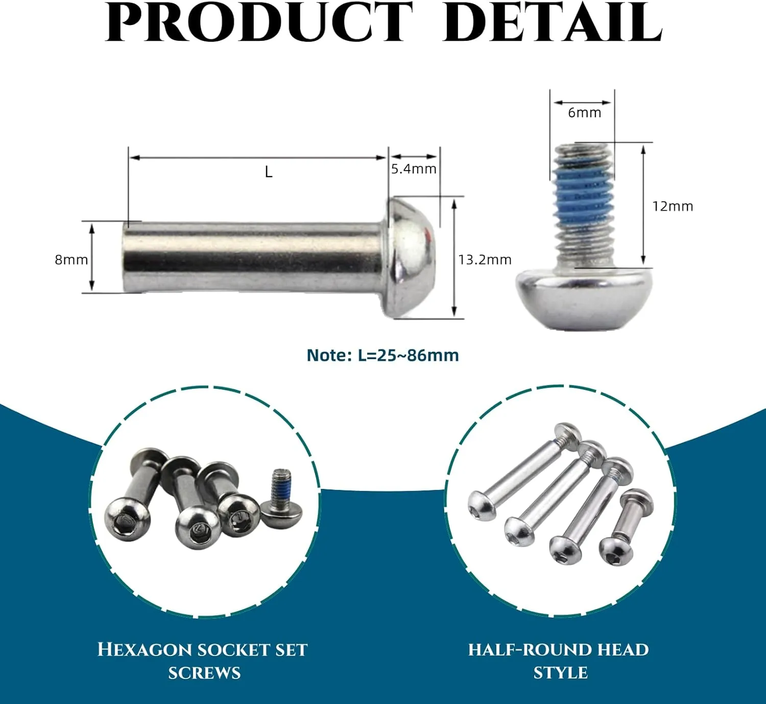 MTB Rear Shock Absorber Screw 25-86mm Full Suspension Mountain Bike Bolts M8 Semi-Round Hexagon Socket Locking Screws 4 Sets(Silver,56MM)