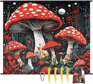 Mushrooms Beach Blanket, Sandproof Beach Mat, 68 x 59 Waterproof Quick Drying Sand Free Mat with 4 x Ground Spikes for Outdoor Travel Camping Hiking, Boho Mushroom Plant